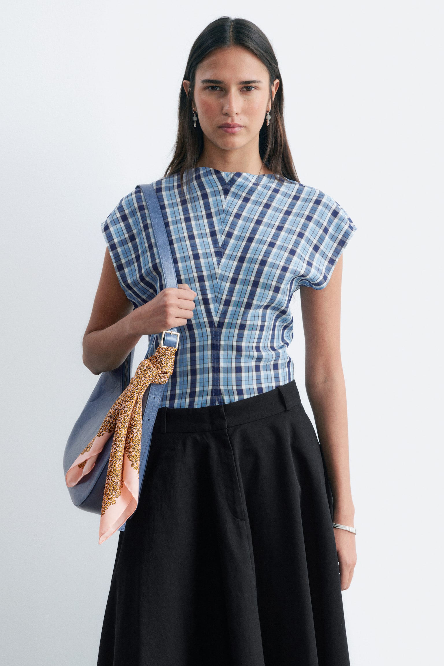Funnel Neck Jacquard Top - Light Blue/Checked/Dark Red/Checked - 1