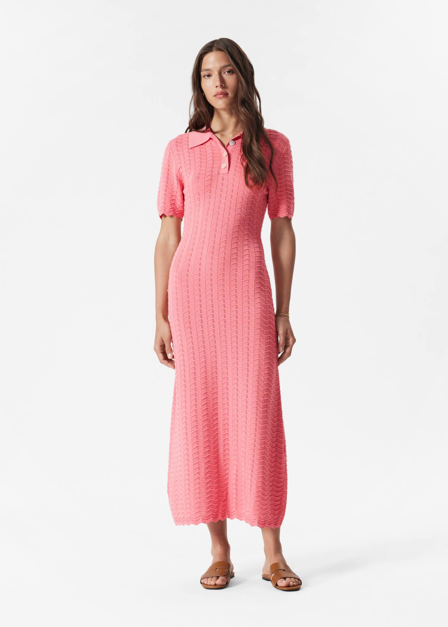 Abito midi in maglia pointelle - Rosa/Crema