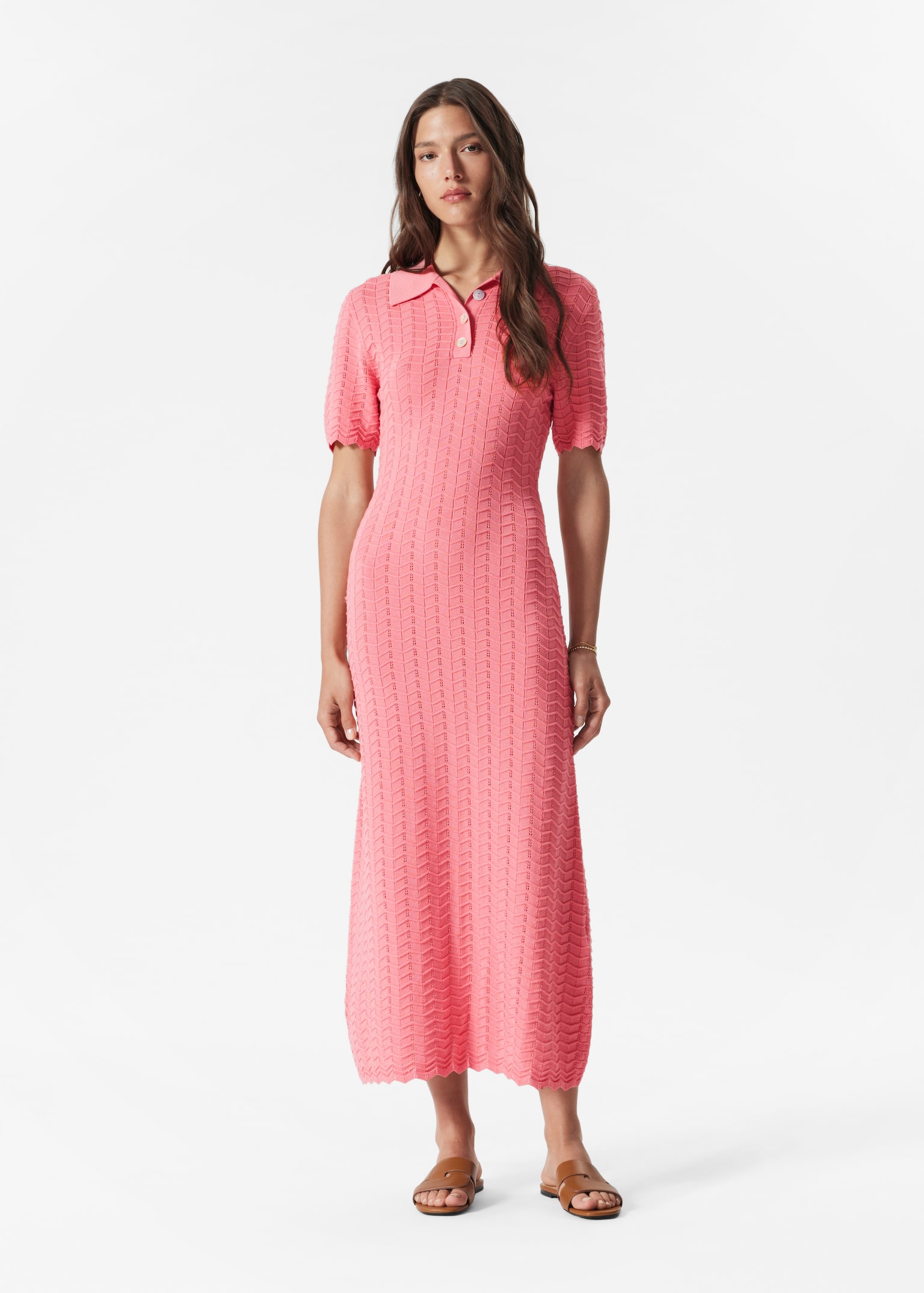 Abito midi in maglia pointelle - Rosa/Crema