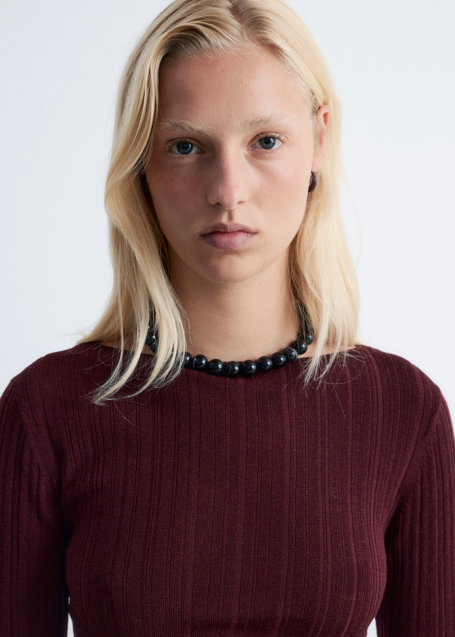 Rib-Knit Wool Boatneck Top - Dark Red/Dark Brown - 5