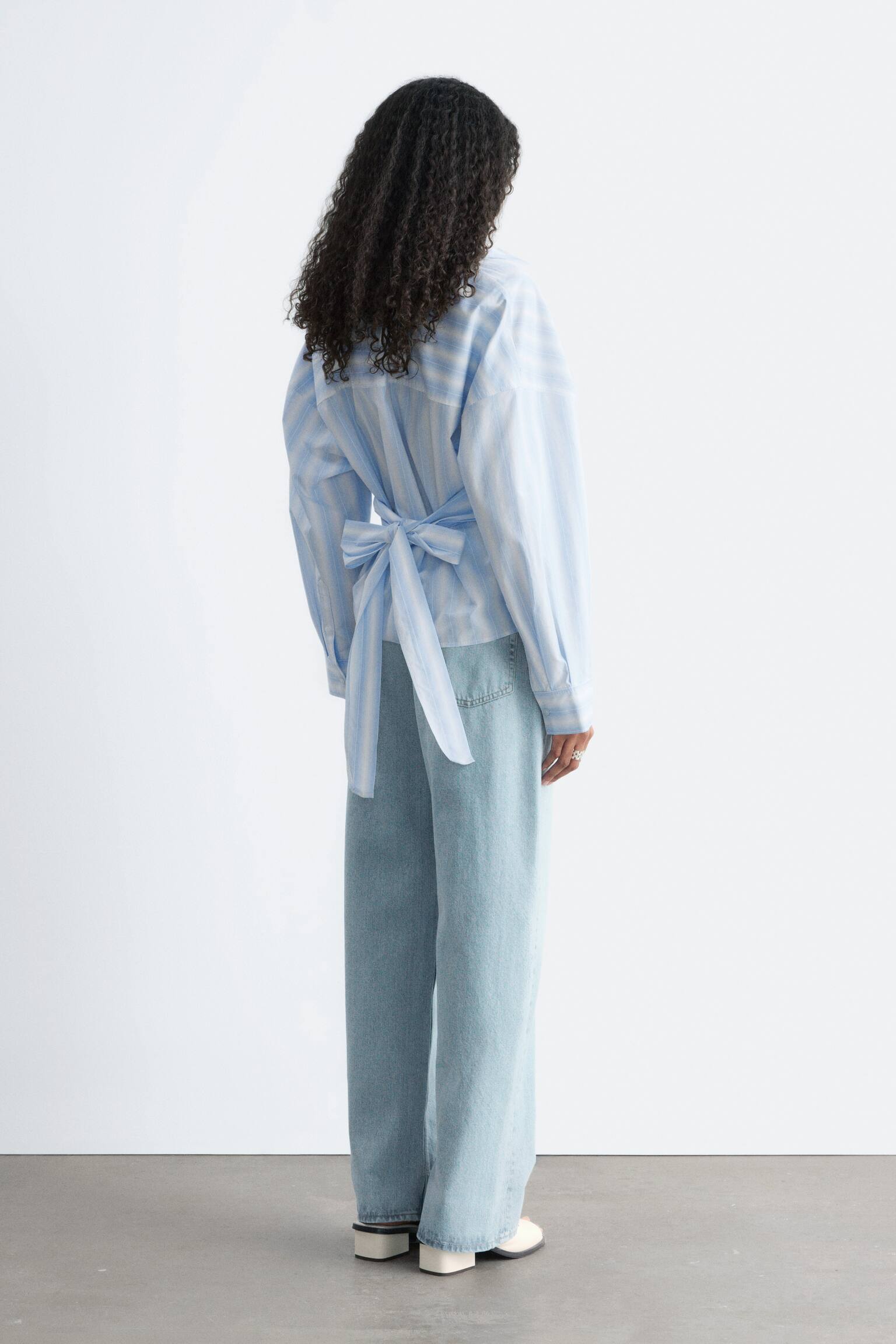 Deréknál Megkötős Pamut Ing - Kék/Fehér Csíkos - 5