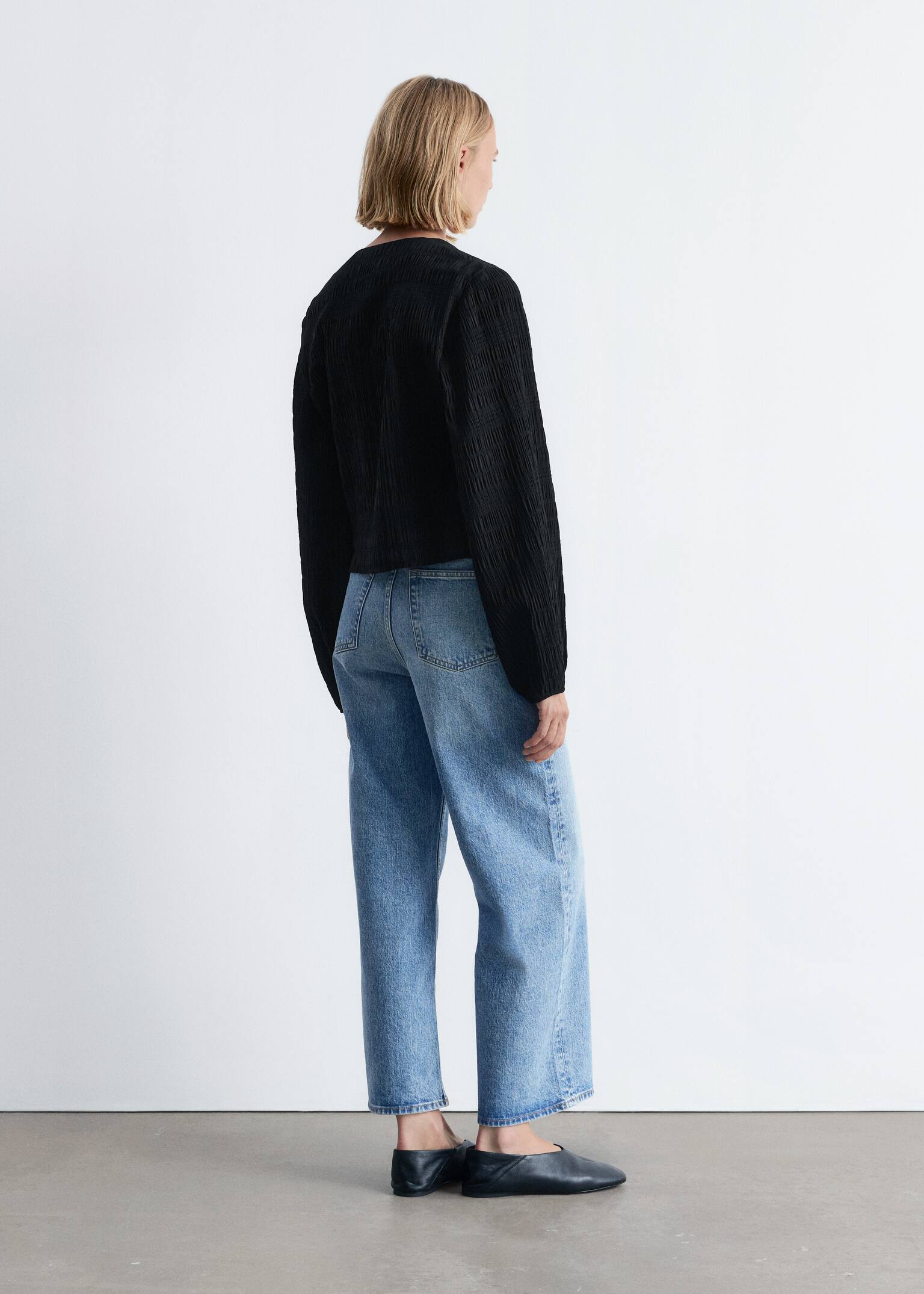 Smocked Balloon-Sleeve Top - Black/Dark Red/Dusty Blue - 4