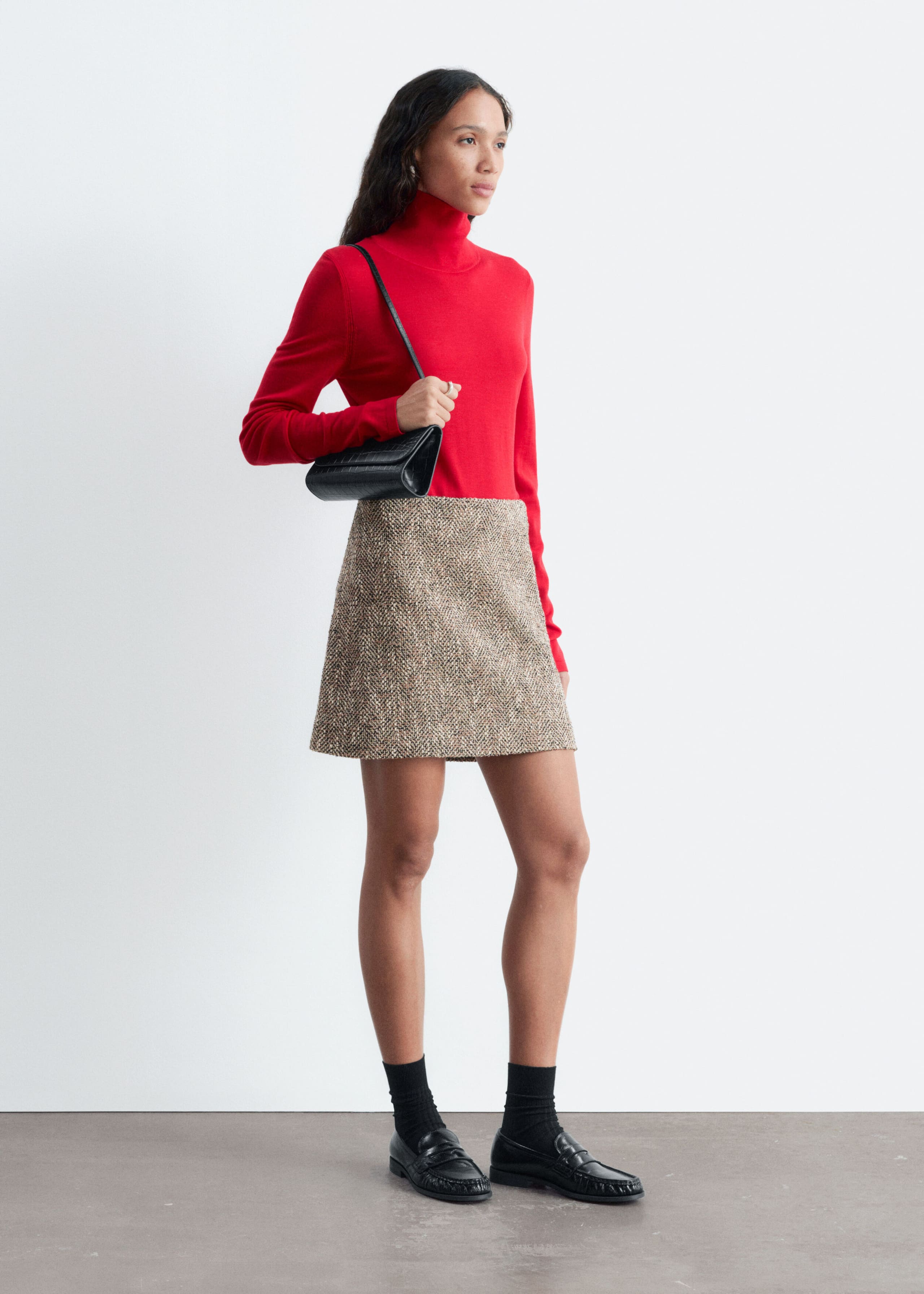 Merino Wool Polo Neck Top - Dark Brown - Lookbook