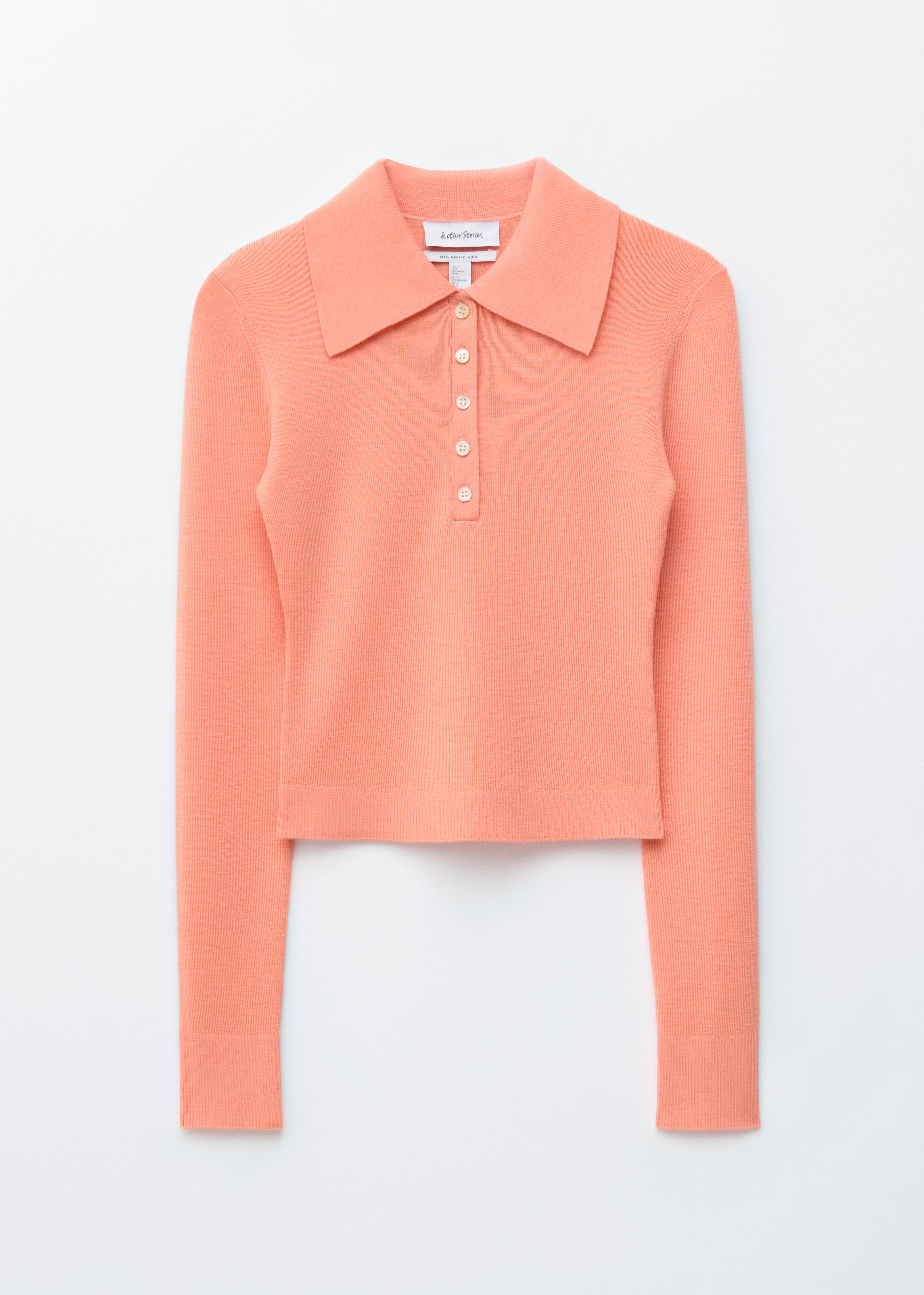 Поло топ от рипсено плетиво от мериносова вълна - Праскова/сив меланж/Тъмнокафяво