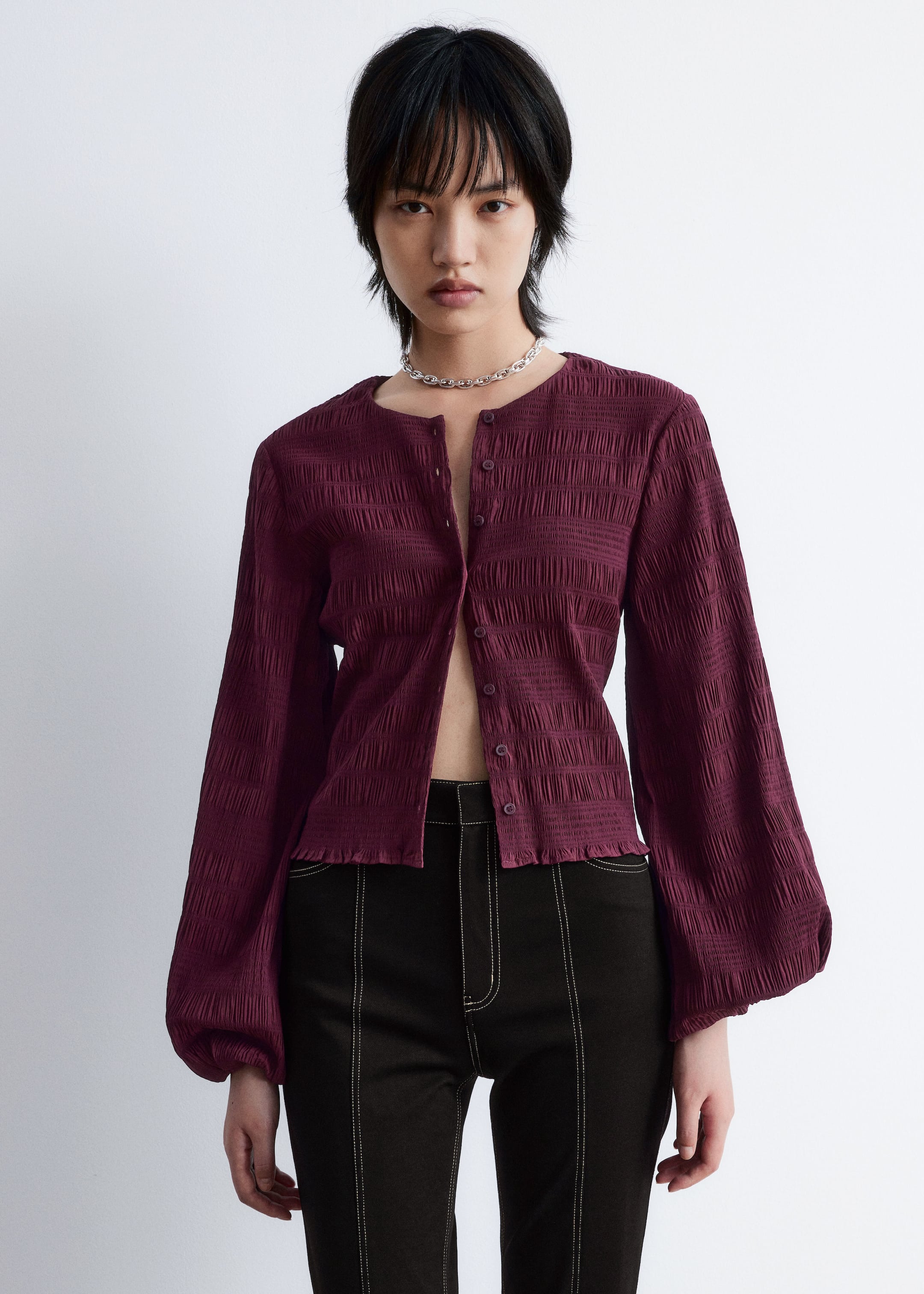 Grotere afbeelding bekijken: Top met gesmokte ballonmouwen - Donkerrood - DAMES | H&M NL 1