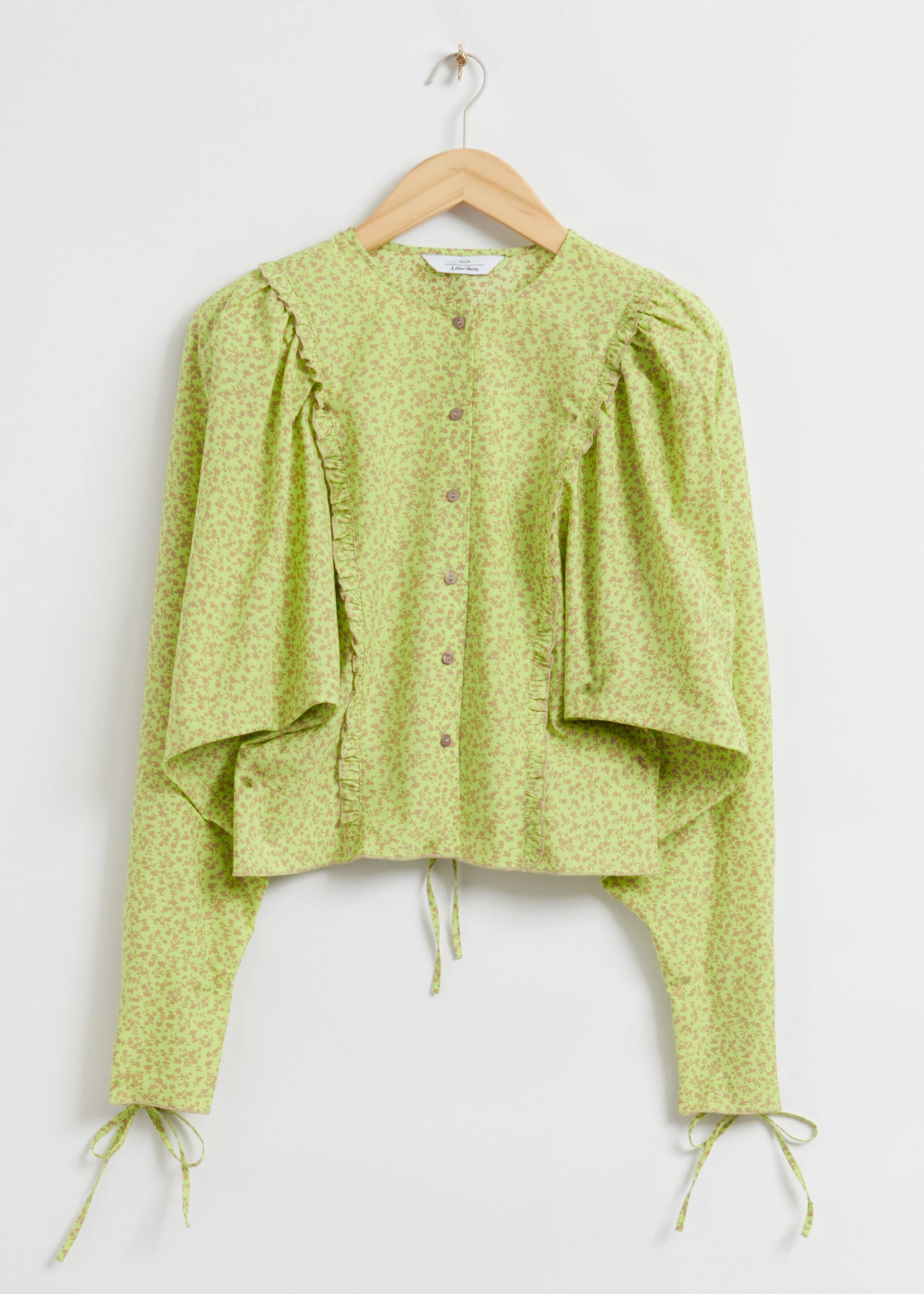 VoluminousSleeveFrilledBlouse - Green All Over Print - Natura morta