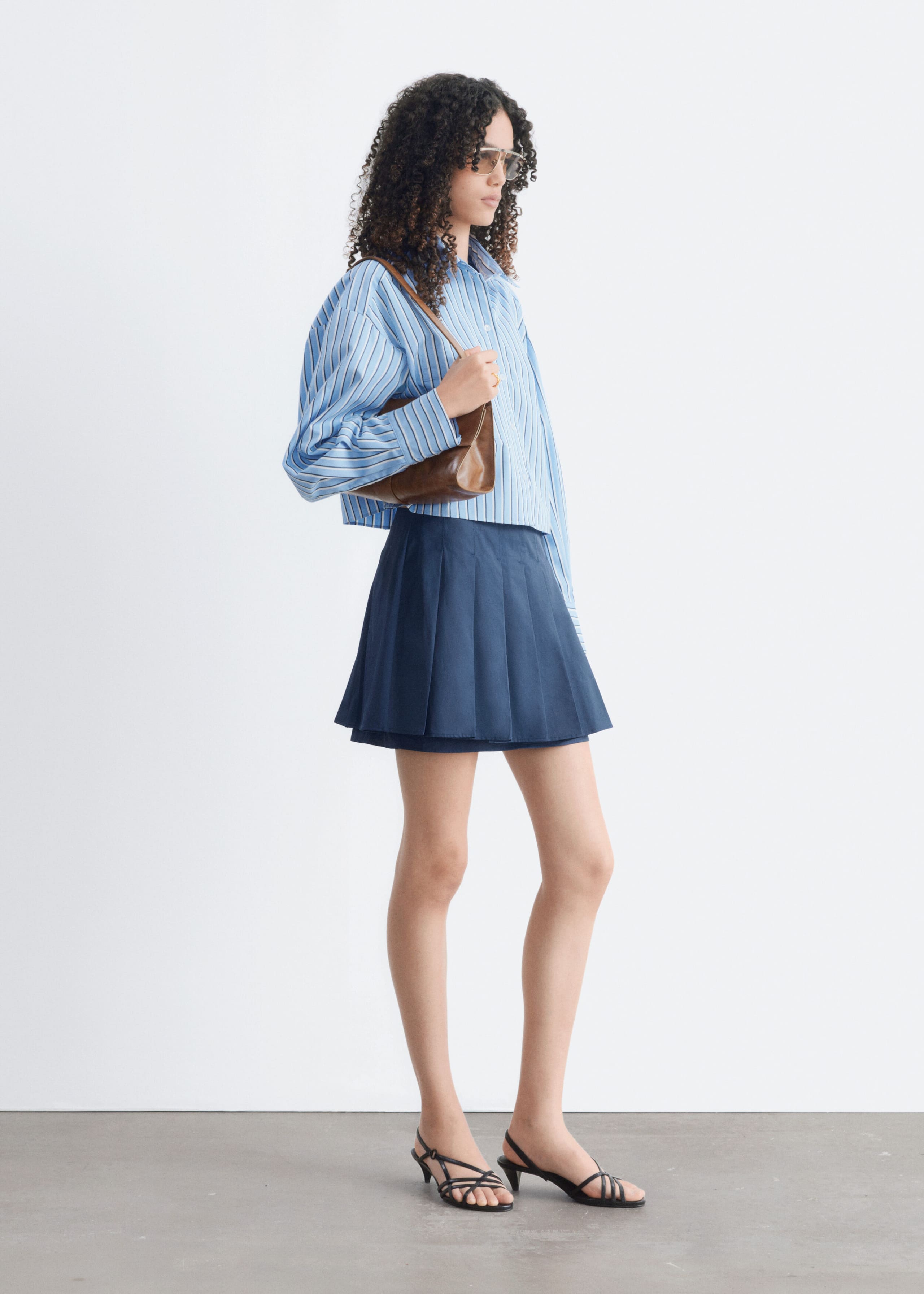 Cropped Cotton Twill Shirt - Blue/Striped - Still Life