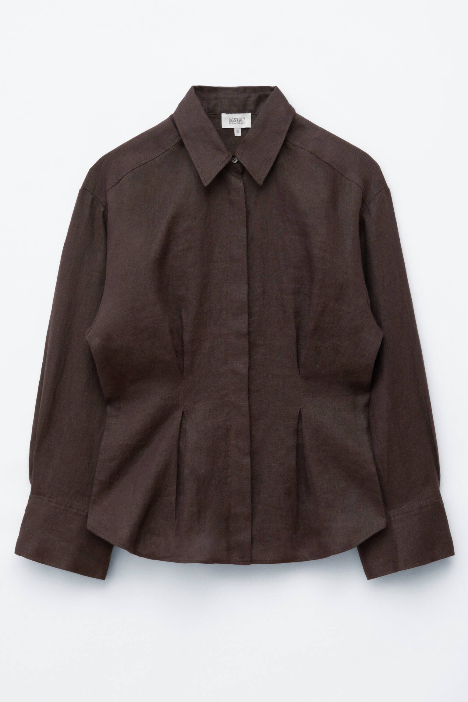 Pleated-Waist Linen Shirt - חום כהה/בז' בהיר - 1