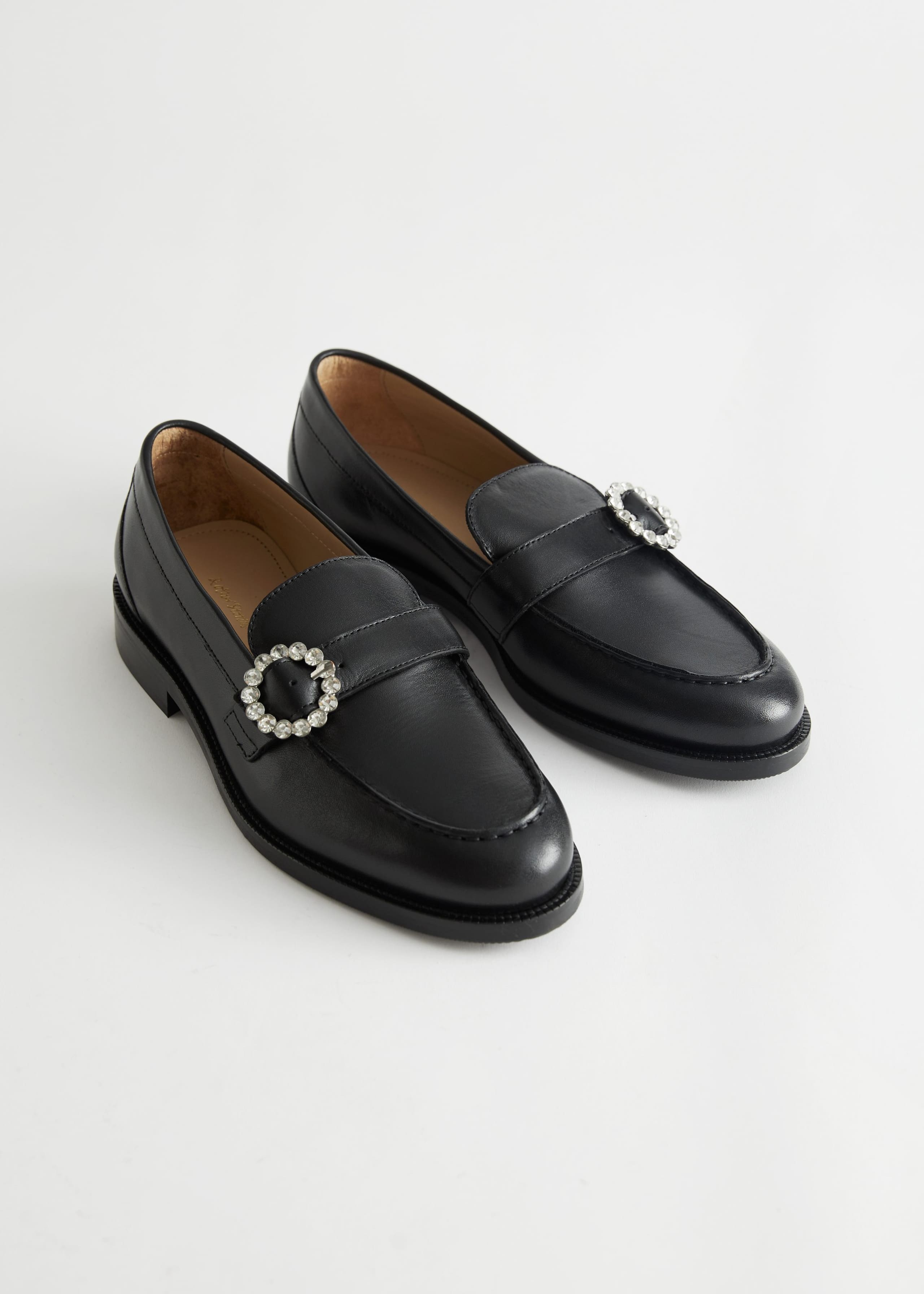 Image of Crystal Buckled Leather Loafers