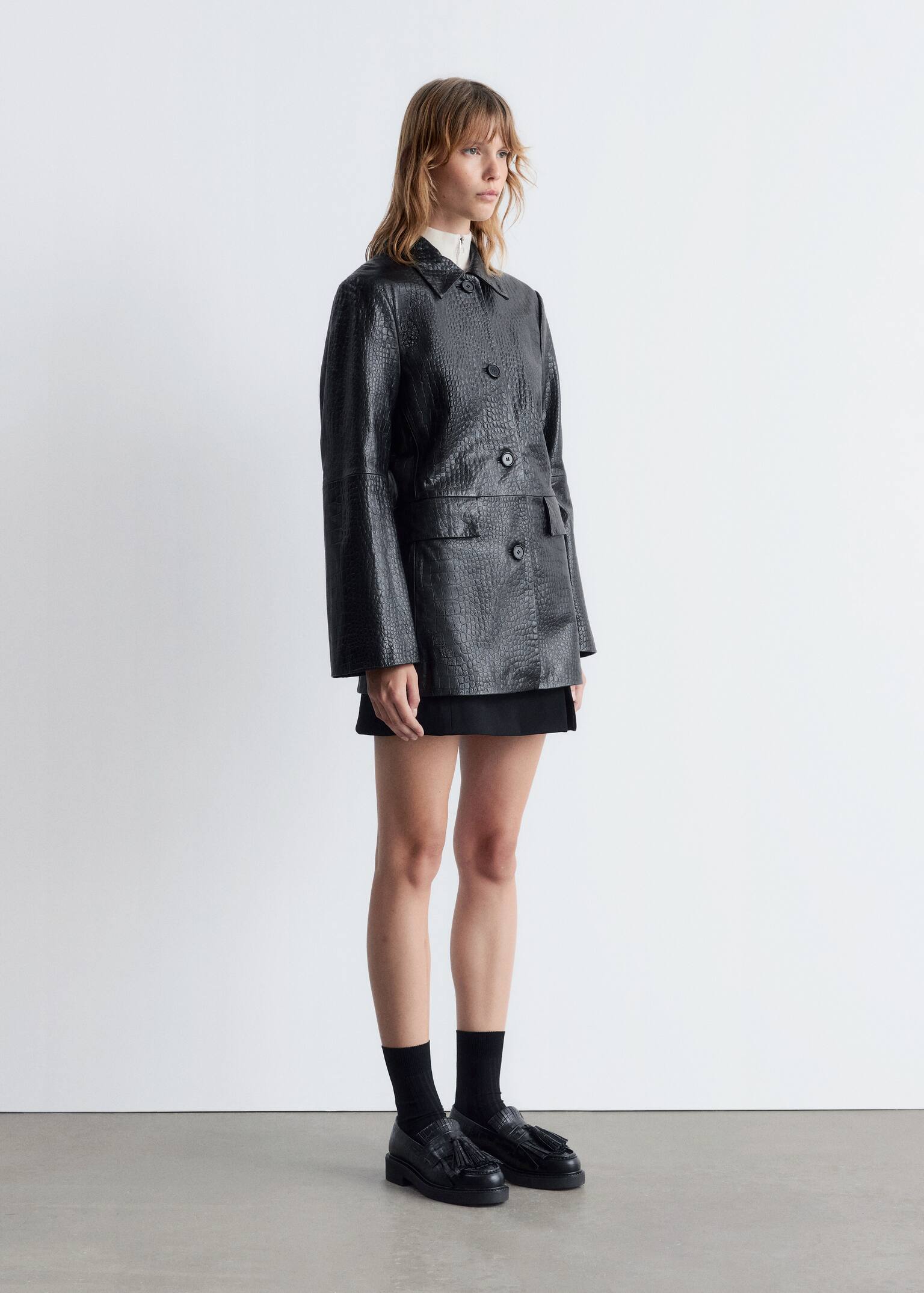 Giacca in pelle - Effetto coccodrillo nero - 4