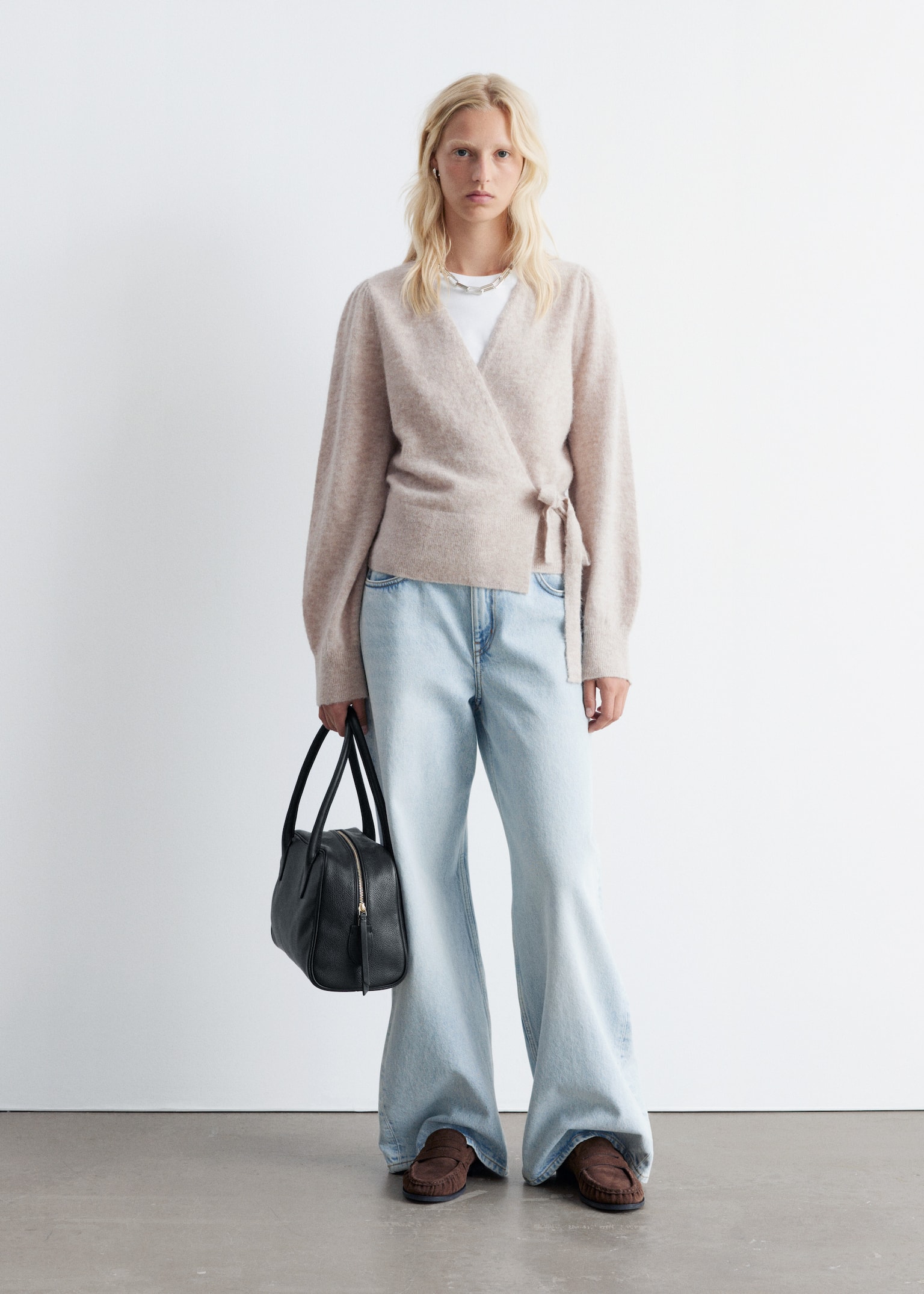 Mohair-Blend Knitted Wrap Cardigan - Beige/Dusty Pink/Petrol Blue/Plum/Beige - 10