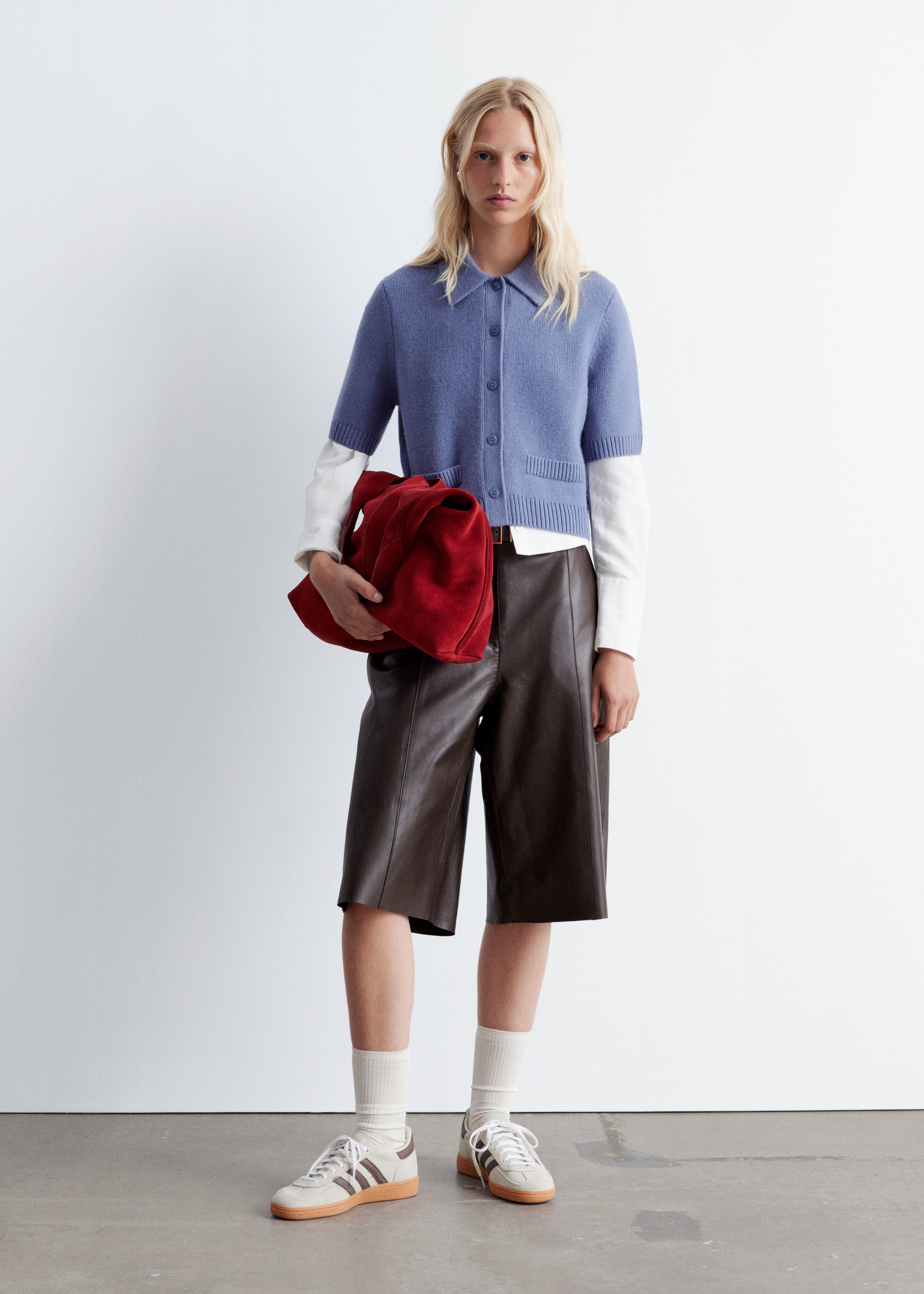 Pletený kardigan s krátkým rukávem - Prašná modrá/bílá/Šedá