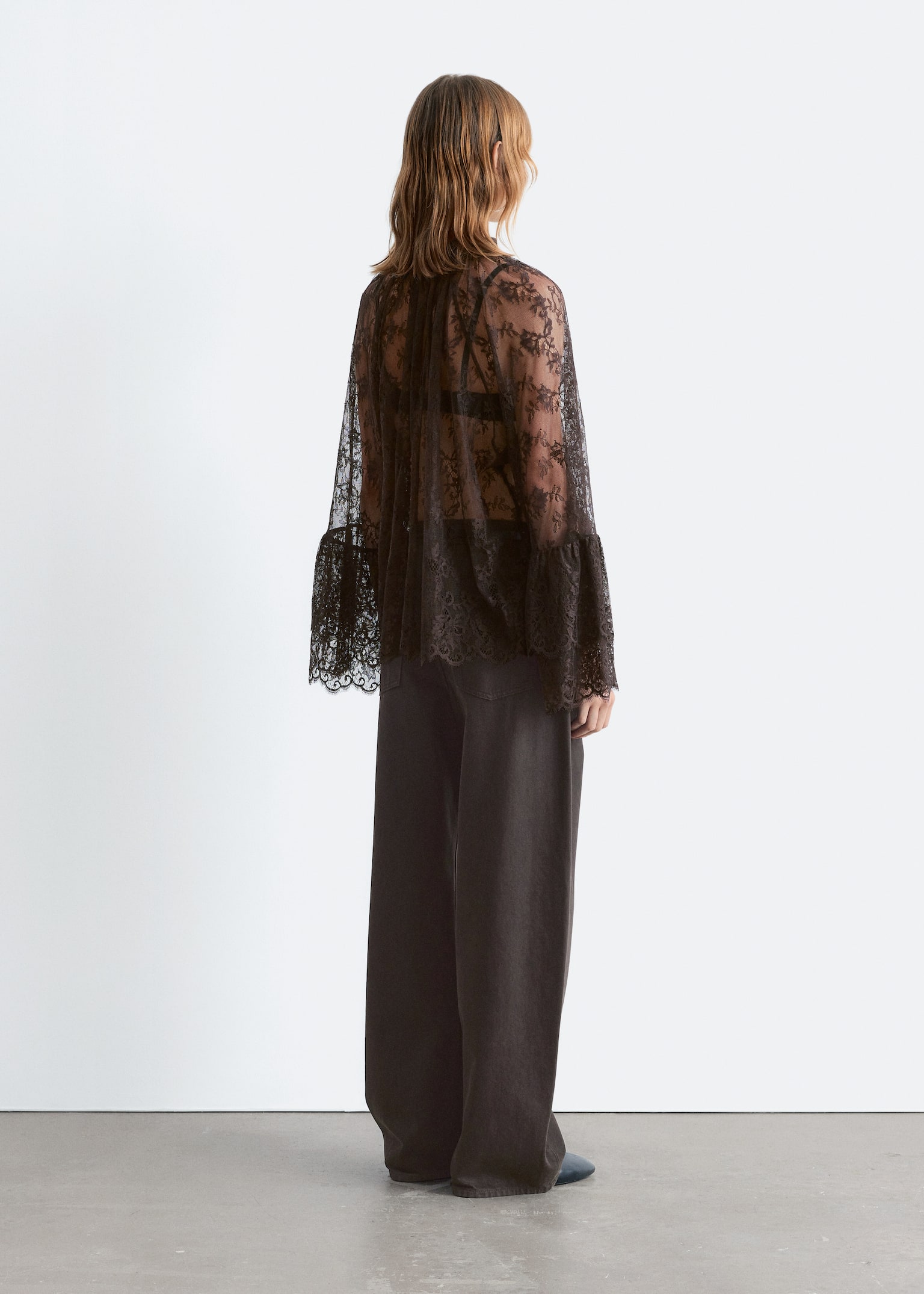 Flounced Lace Blouse - Dark Brown - 5