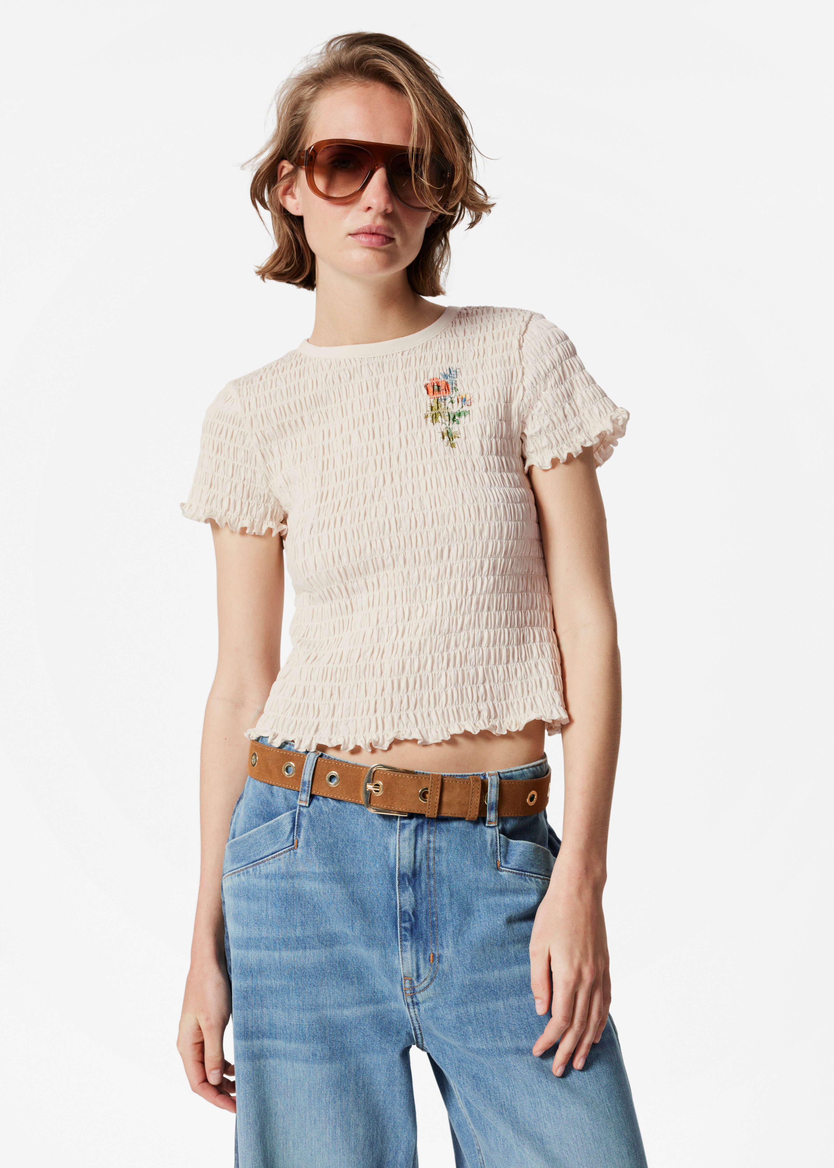 Gesmoktes T-Shirt - White/Flower Print