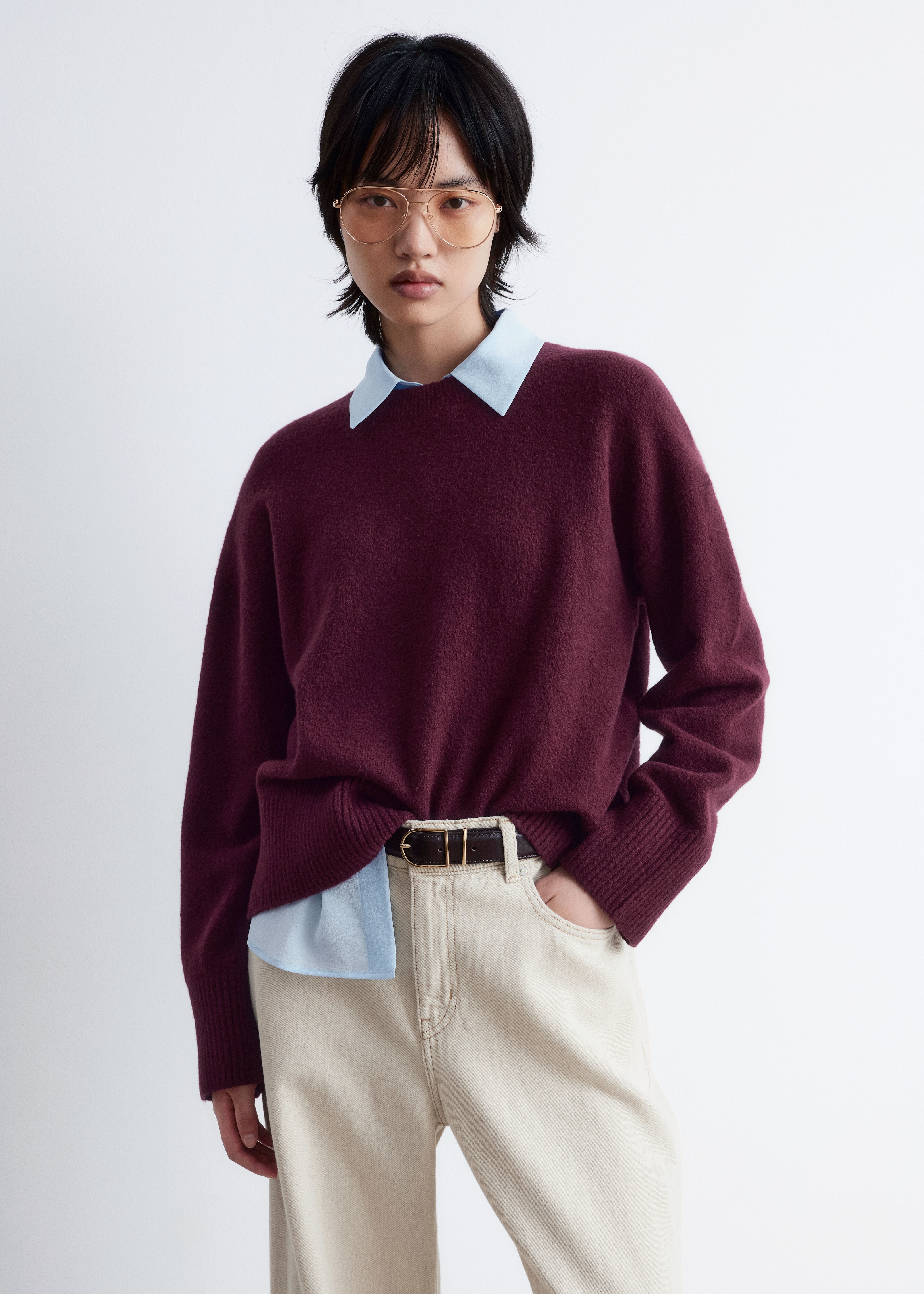 Volný pletený svetr - Dark Red/Bílá/Mole Beige/Black/Šedý melír/Tmavě modrá/Lila/Tmavě hnědá/Pudrově růžová/Pale Green/Mole/Navy/Red