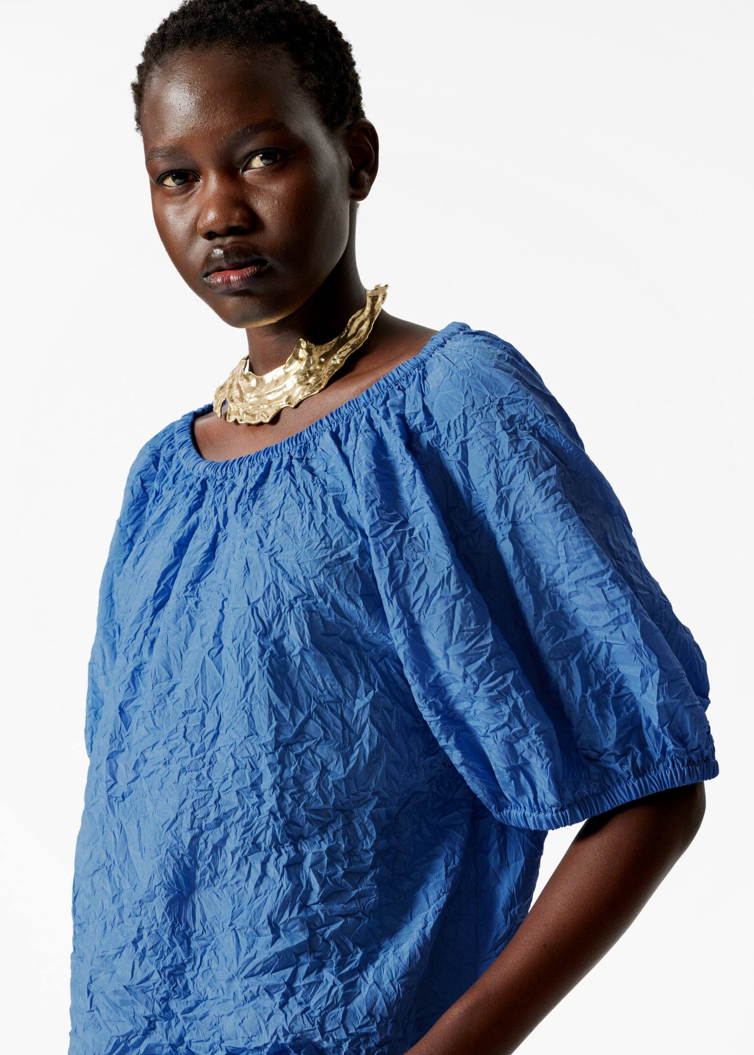 Textured Short-Sleeve Blouse - Albastru/Bej - 5