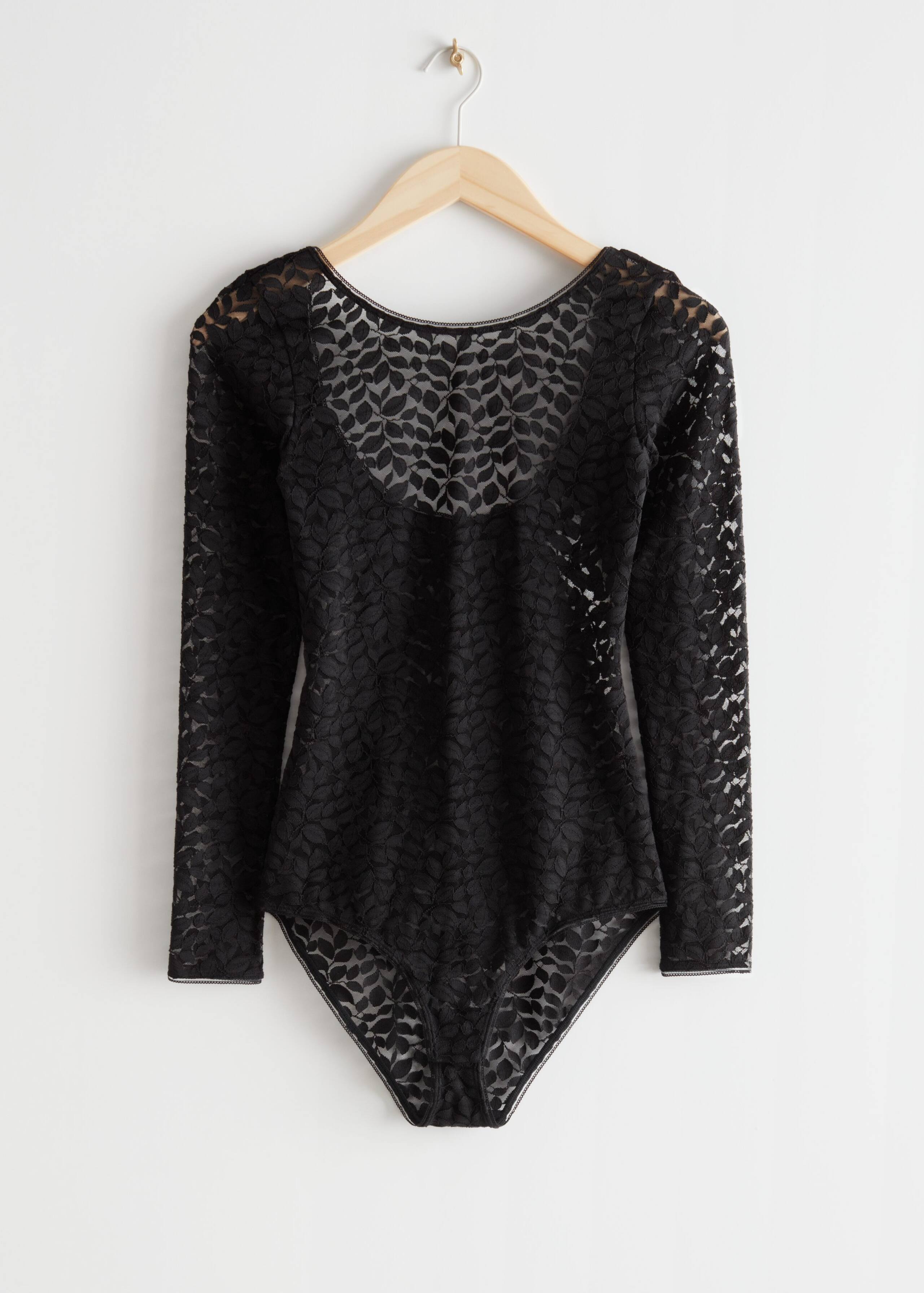 Leaf Motif Lace Bodysuit - Red - Natura morta