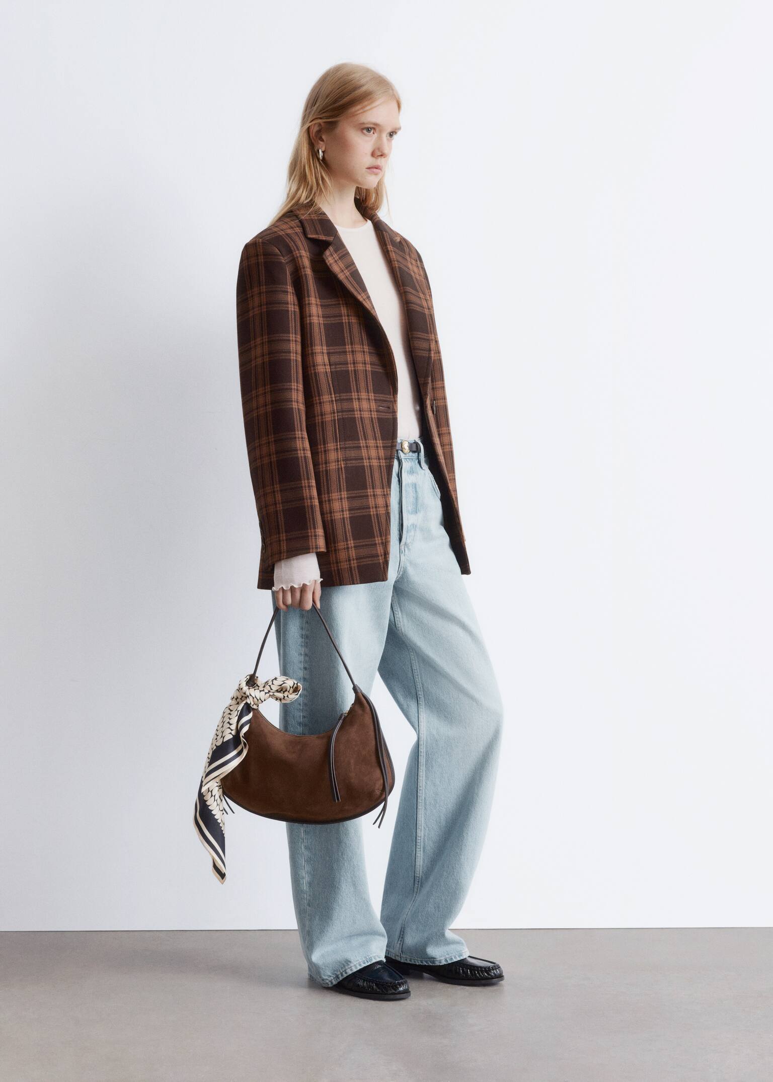 Fitted Shoulder-Pad Blazer - Brown Checked/Dusty Blue - 5