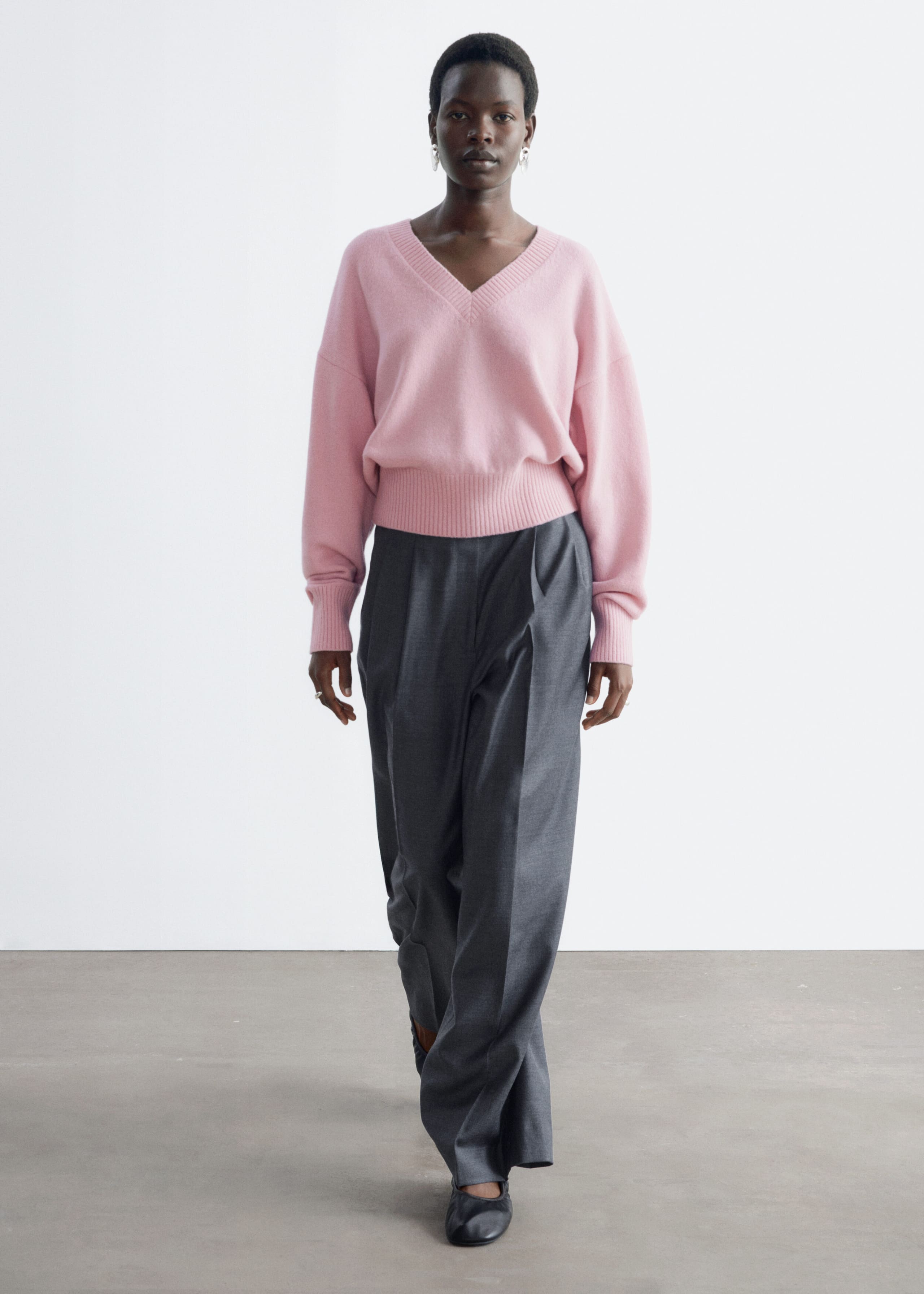 Wool-Cotton V-Neck Jumper - Grey - Lookbook
