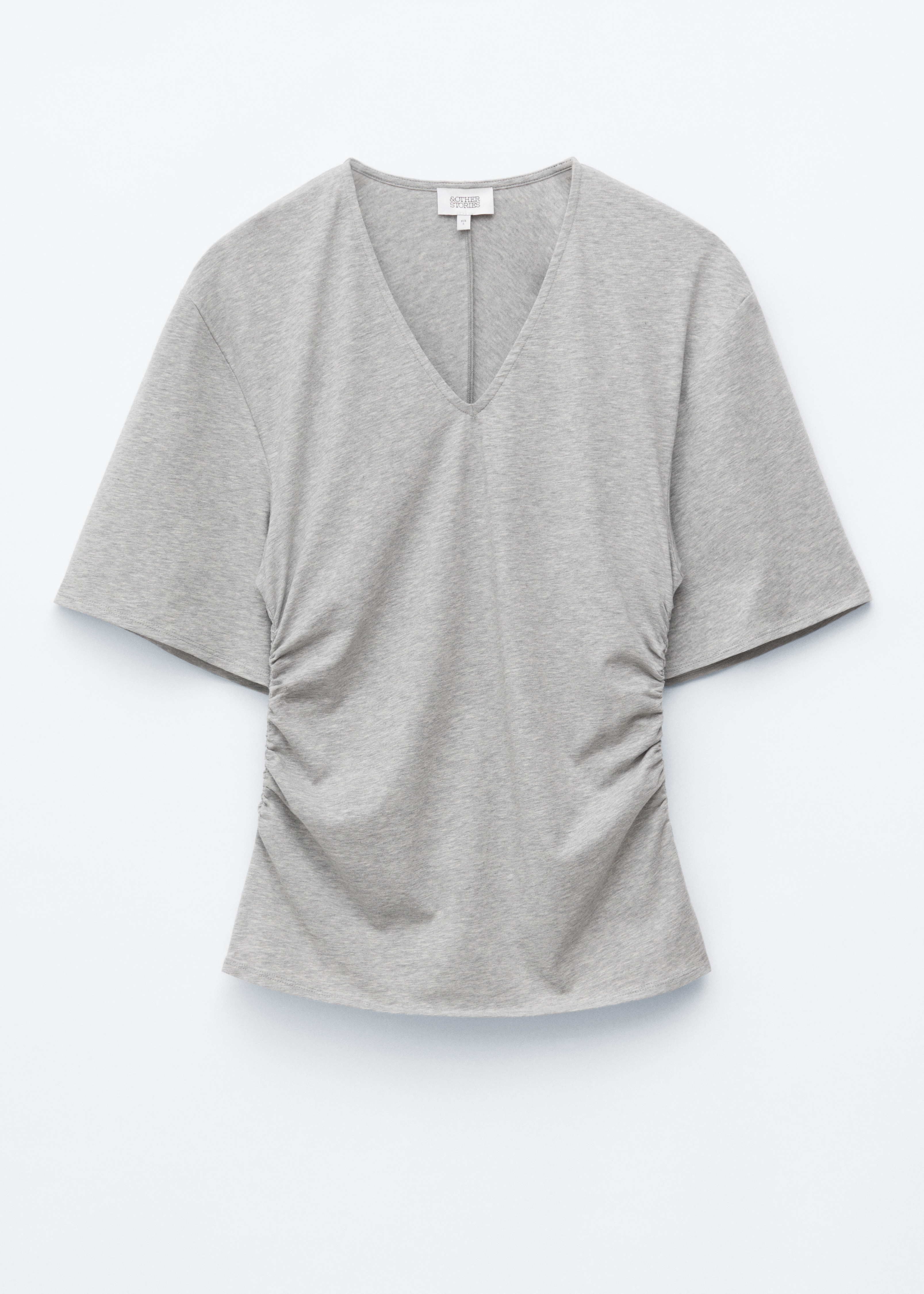 Aangerimpeld T-shirt met V-hals - Grijs/Donkerbruin/Roze