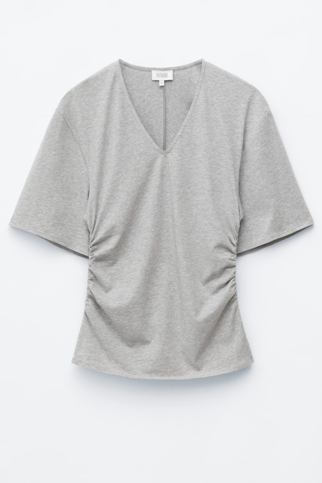 Gathered V-Neck T-Shirt - Grey/Pink/Dark Brown - 1