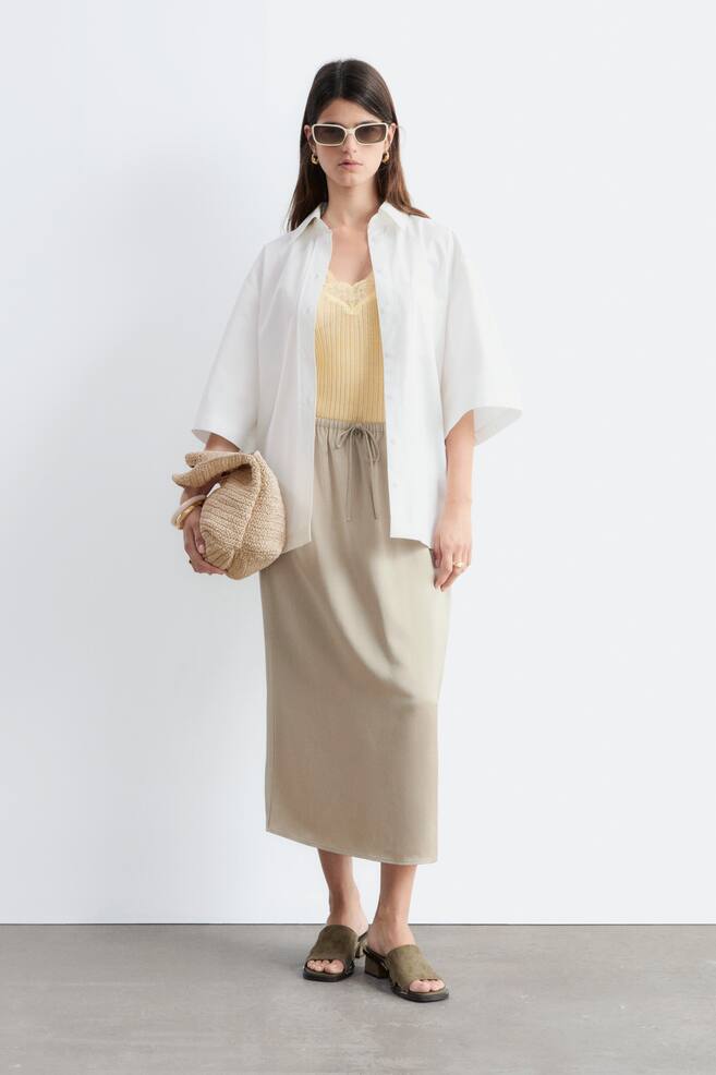 Drawstring Satin Midi Skirt - Beige/Dark Brown - 1