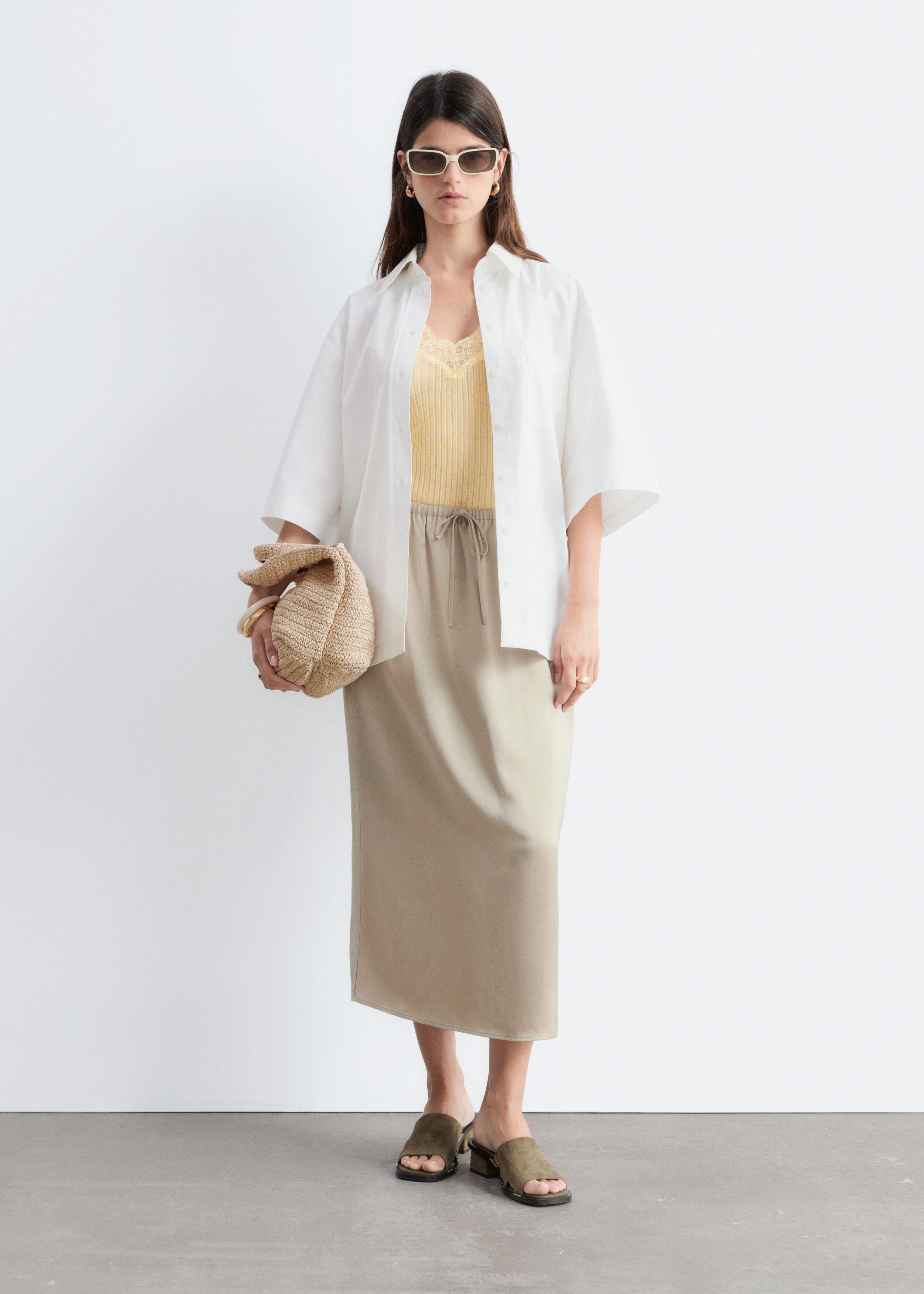 Drawstring Satin Midi Skirt