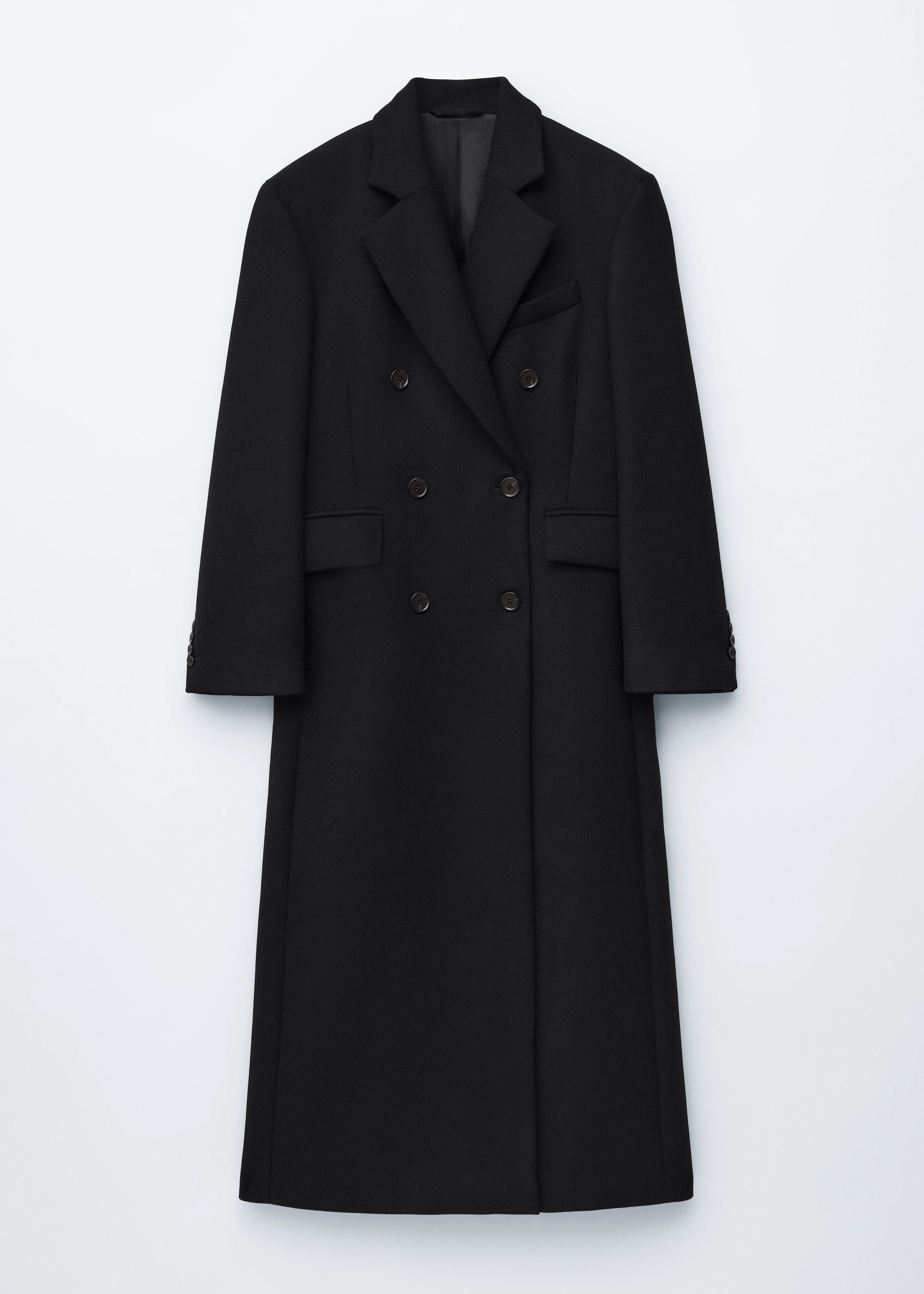 View larger image: A black double-breasted wool-blend coat is being presented FRONT, featuring a long, straight silhouette and padded shoulders. It is designed with notch lapels, a single welt pocket at the chest, duo welt pockets at the sides, and buttoned cuffs.