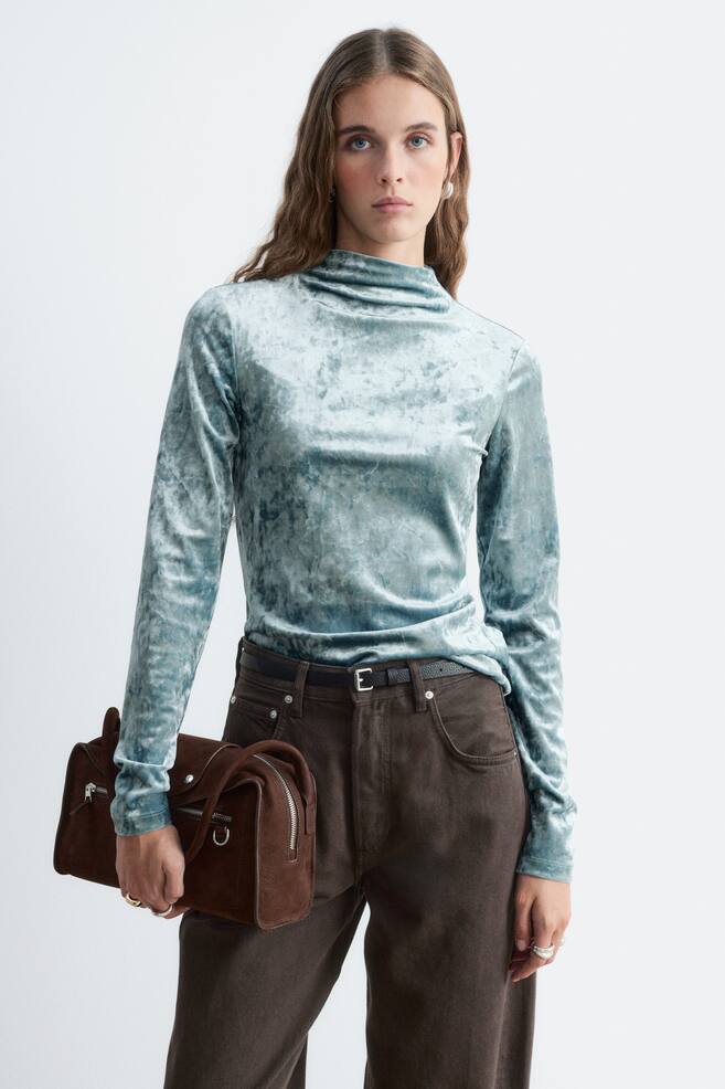 Velvet Mock Neck Top - Turquoise/Black - 1