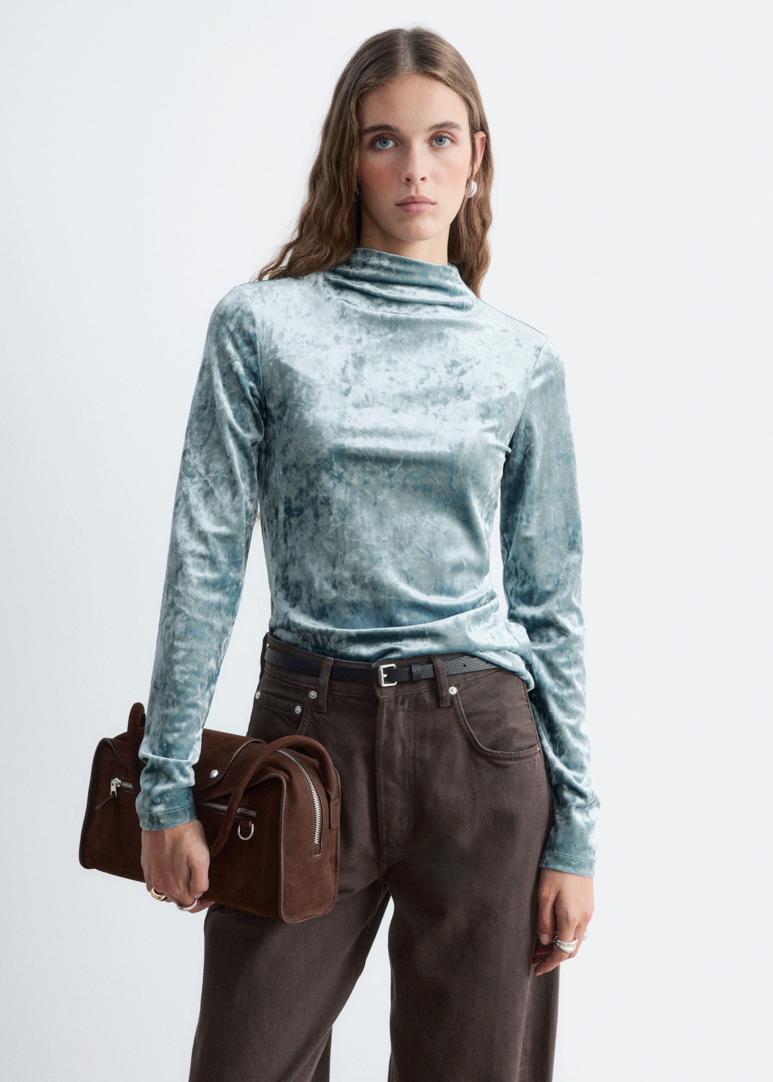 Velvet Mock Neck Top - Turquoise - Lookbook