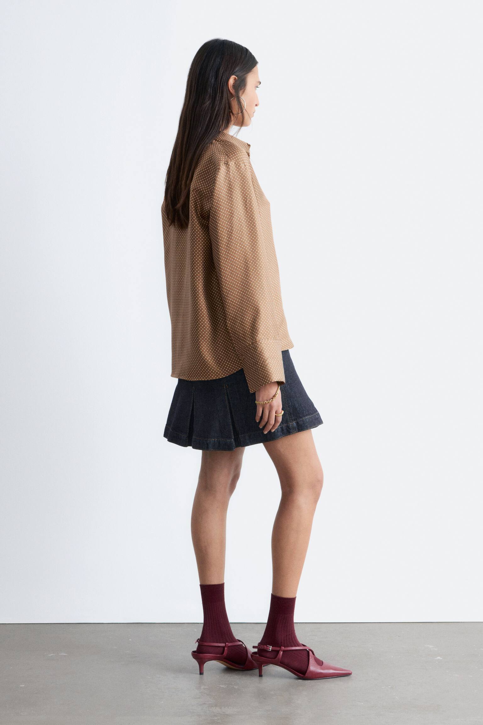 Volná hedvábná košile - Hnědé/bílé puntíky/Krémová/Hnědá/Tmavě modrá - 6