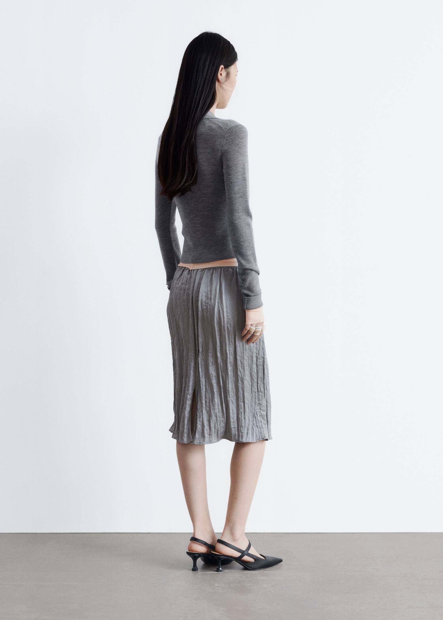 חולצת פולו מצמר מרינו בסריגת צלעות - אפור מלנג' - 6