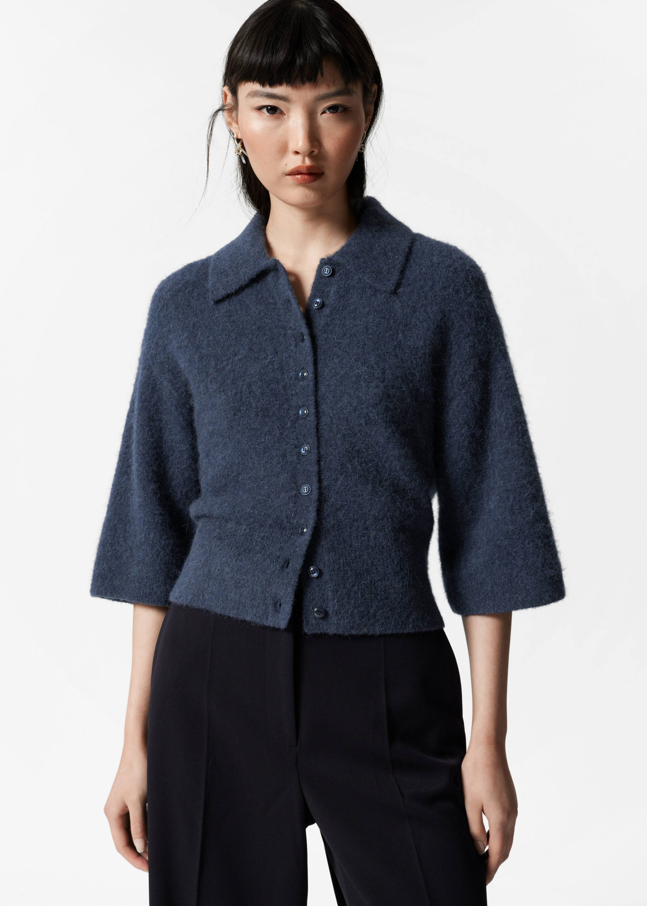 Alpaca-Blend Short-Sleeve Cardigan - Dark blue - Lookbook