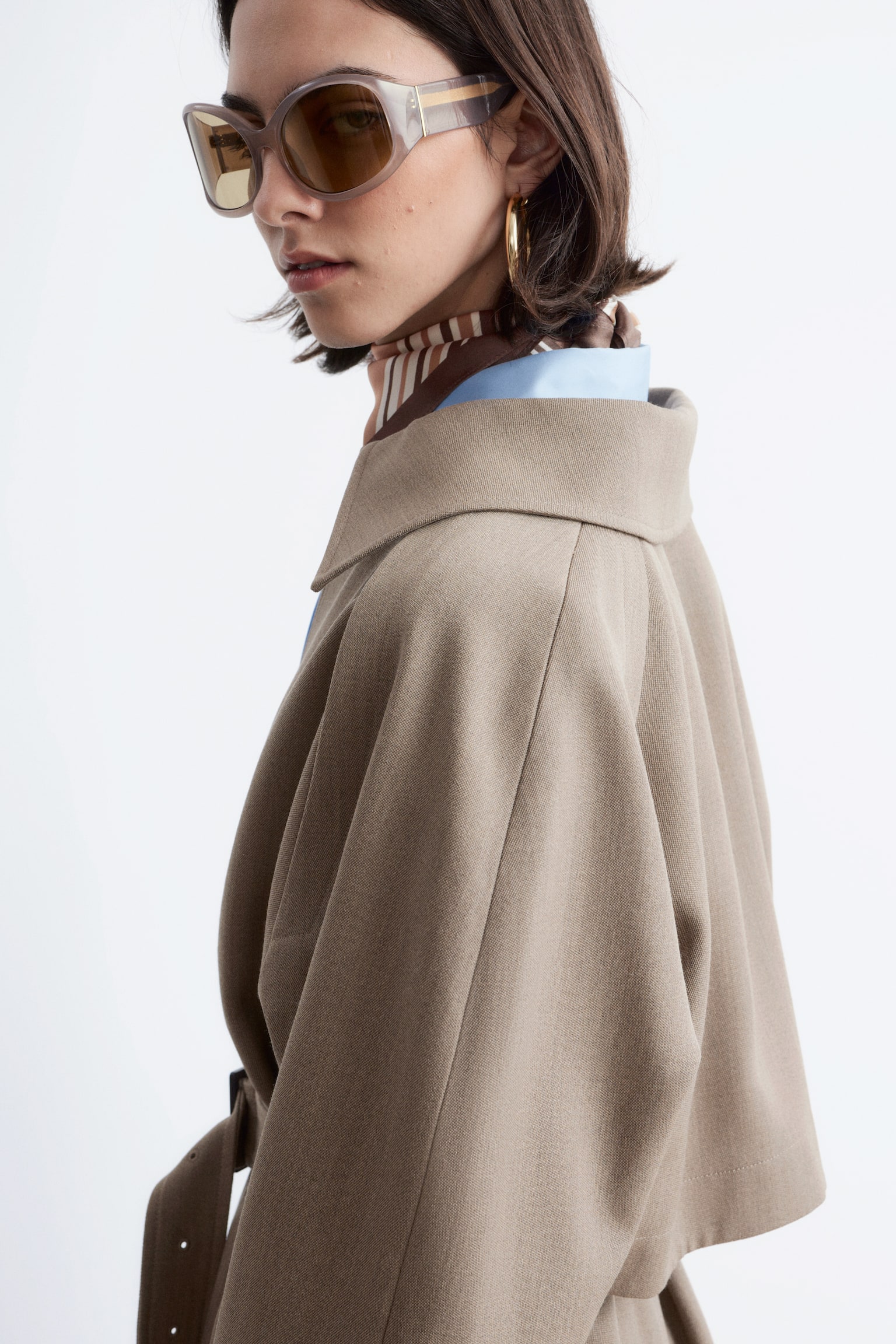 Trenchcoat van wol met strikceintuur - Taupe/Zwart - 6