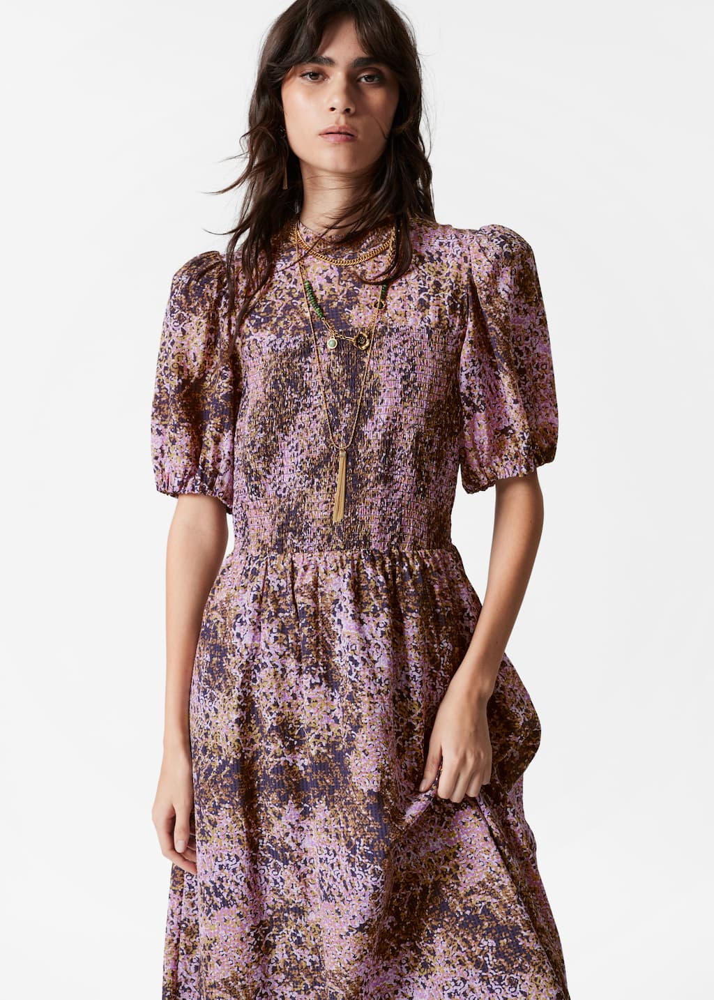 Robe midi à smocks et à manches ballon - Imprimé cœur beige - Lookbook