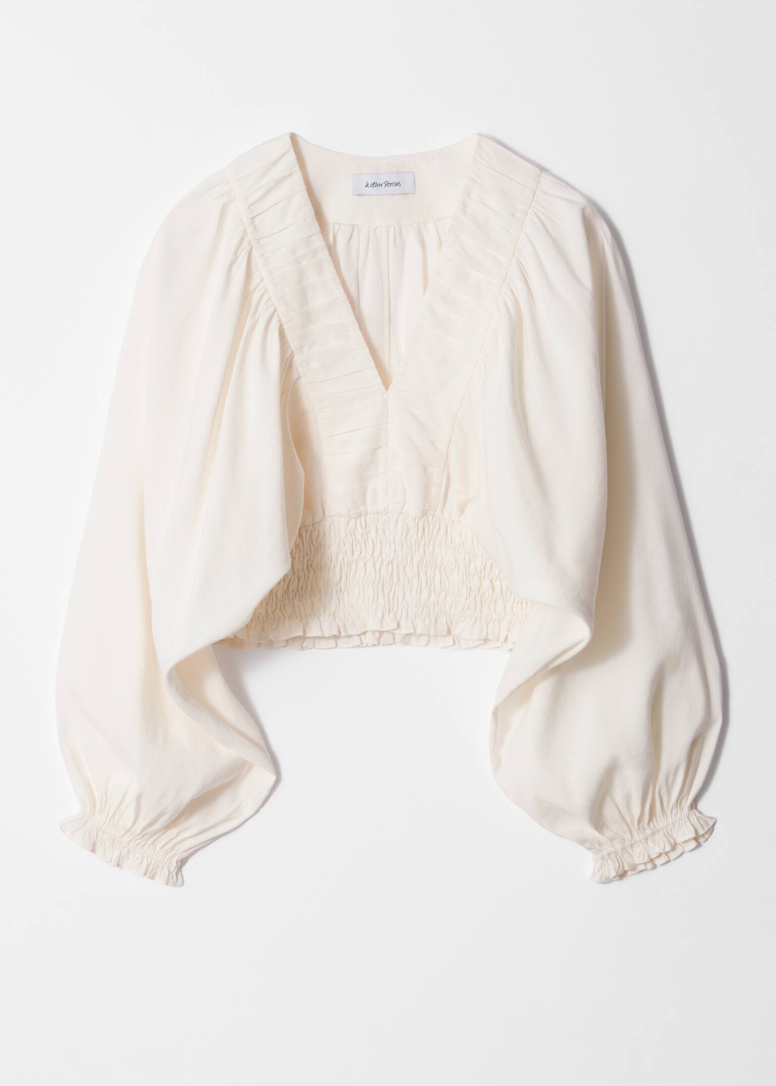 Blusa con maniche a sbuffo e lavorazione smock - Bianco/Rosa scuro - 2