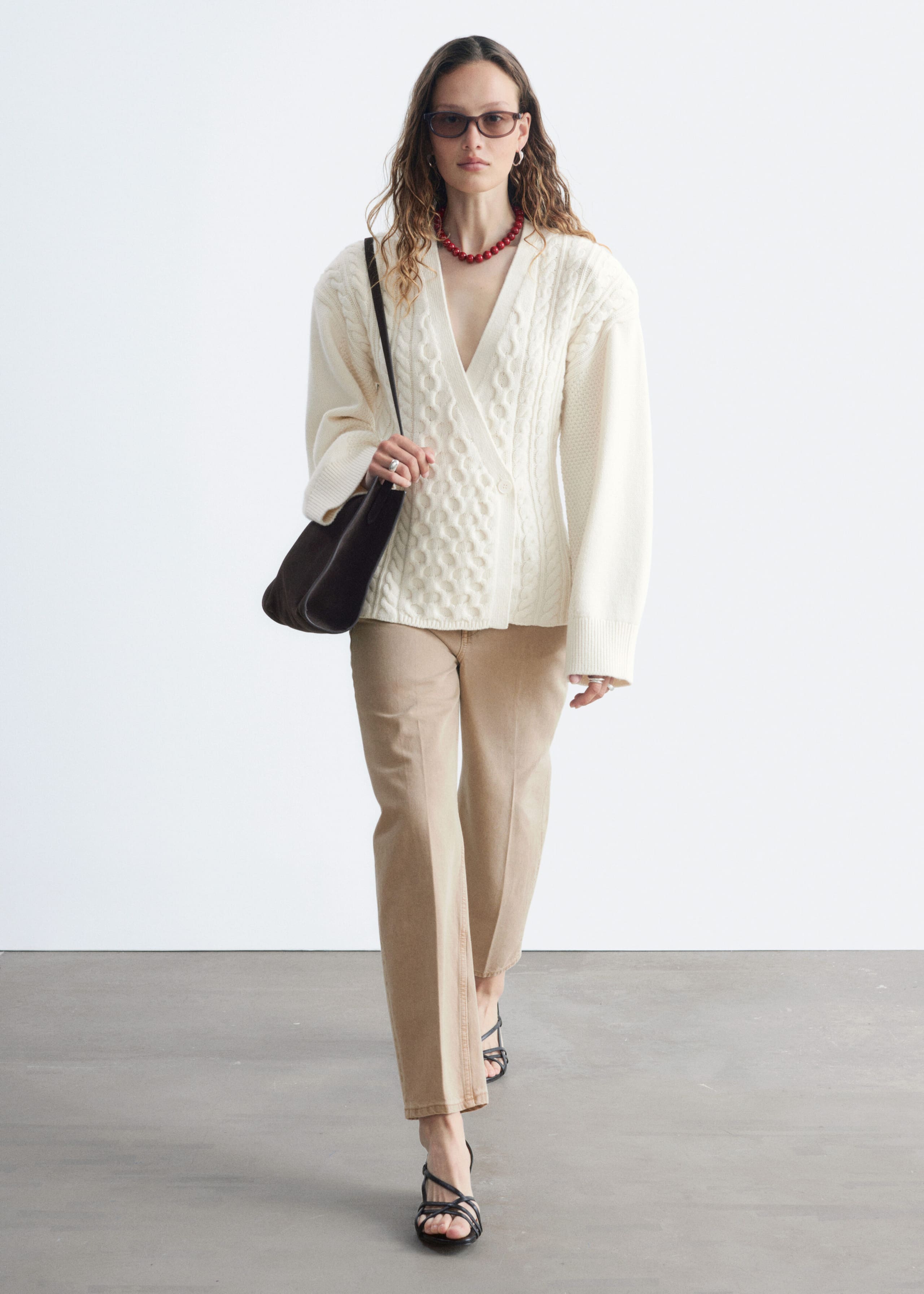 Wool-Cotton Cable Knit Cardigan - White - Lookbook