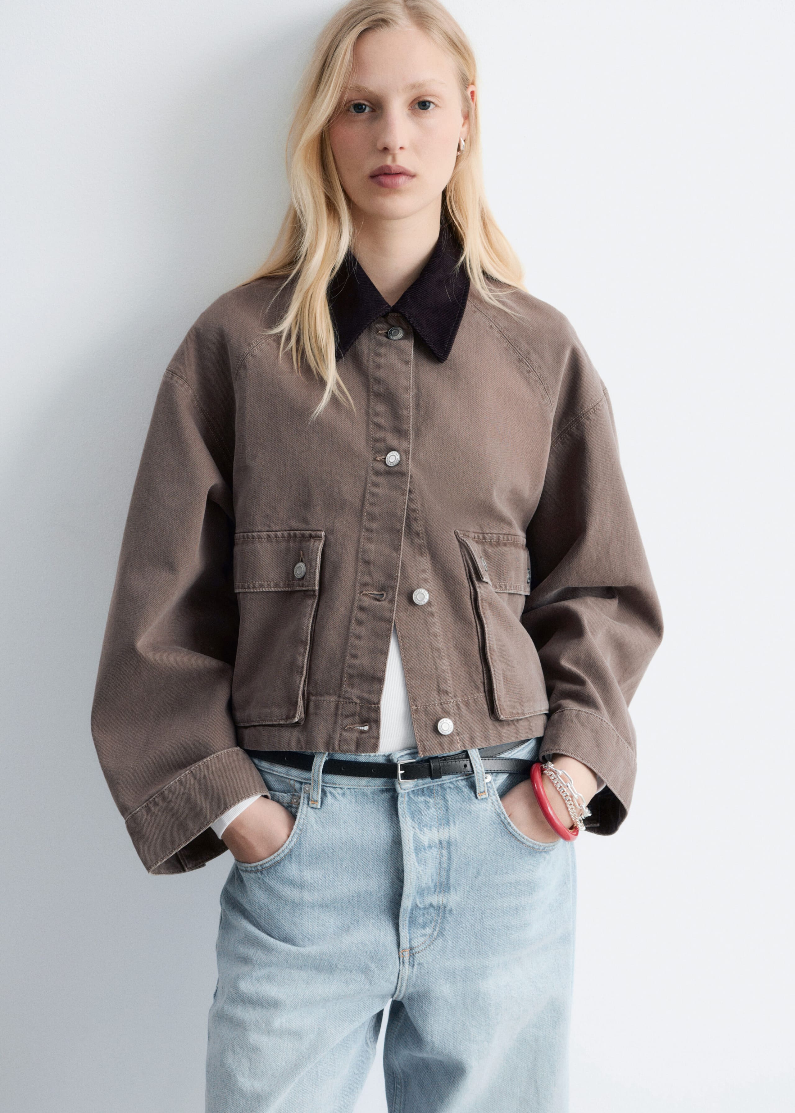 Image of Short Cord-Collar Denim Jacket