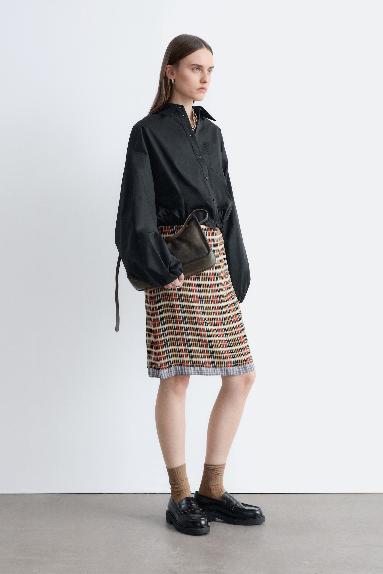 Knee-Length Slip Skirt - Orange/Checked - 7