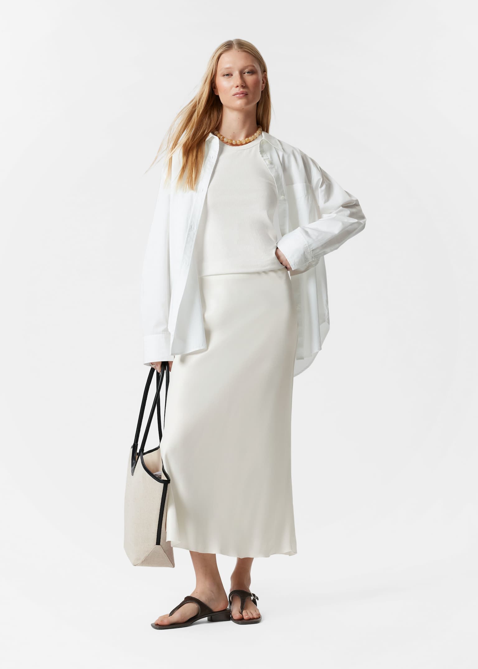 Falda midi de satén - Blanco/Marrón oscuro/Negro/Rosa/Azul claro