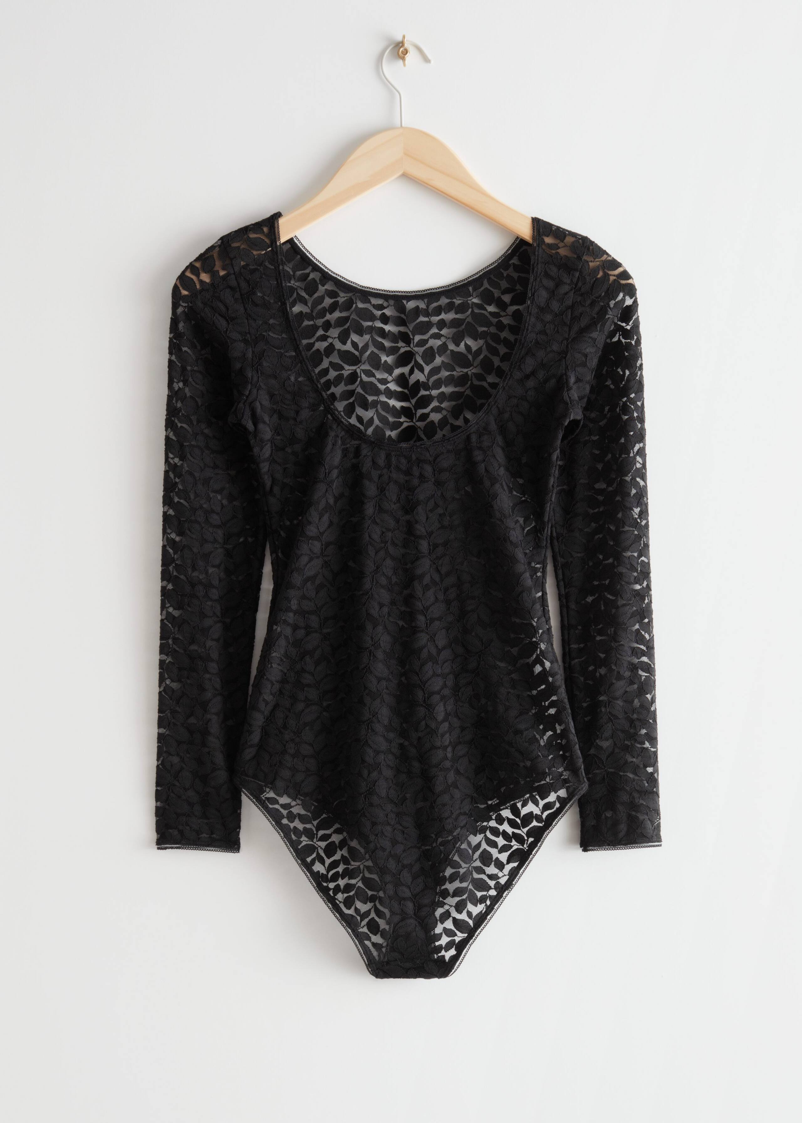 Leaf Motif Lace Bodysuit - Red - Natura morta