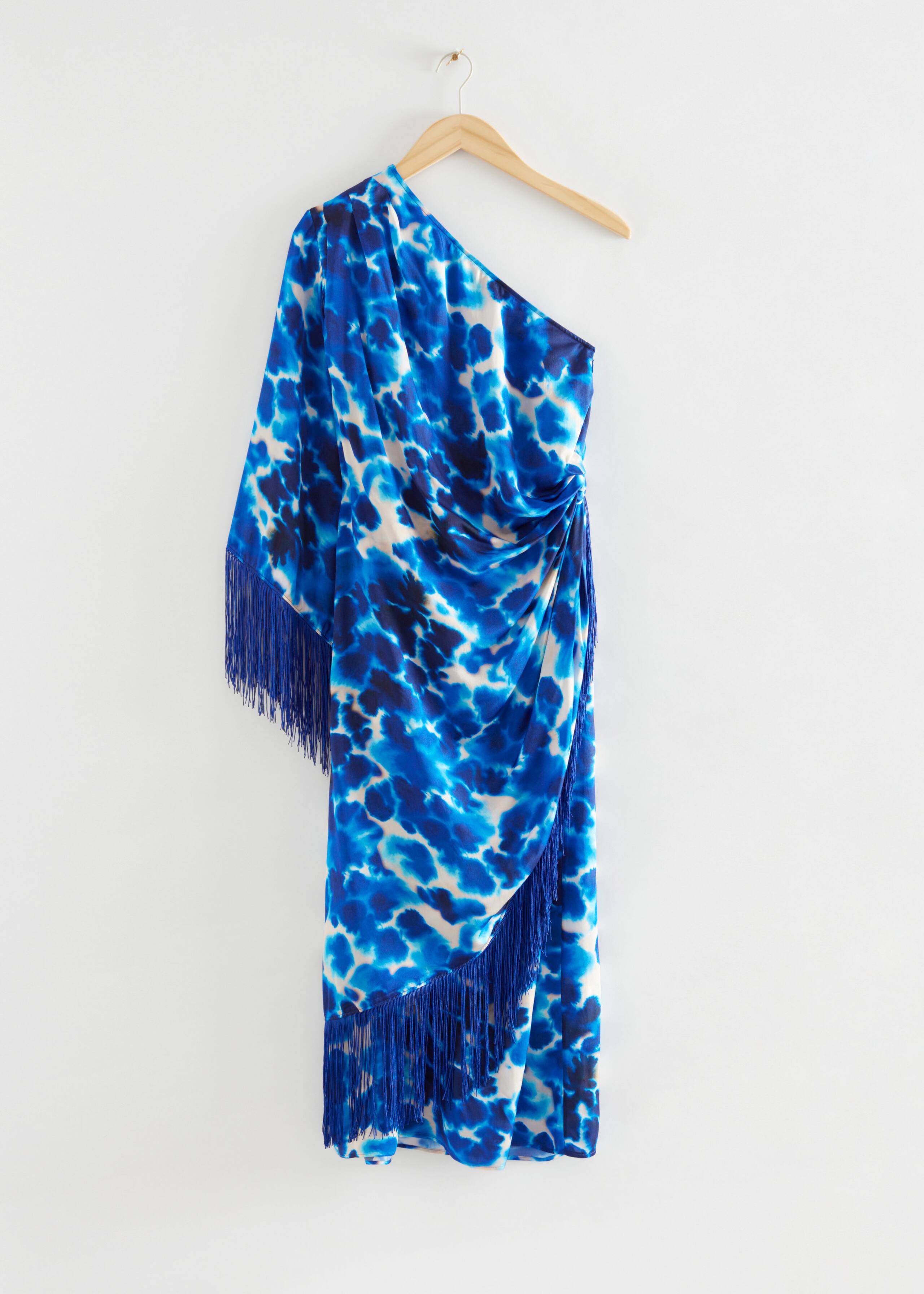 Loose Ayssemetric Fringed Wrap Dress - Blue Patterned - Bodegón