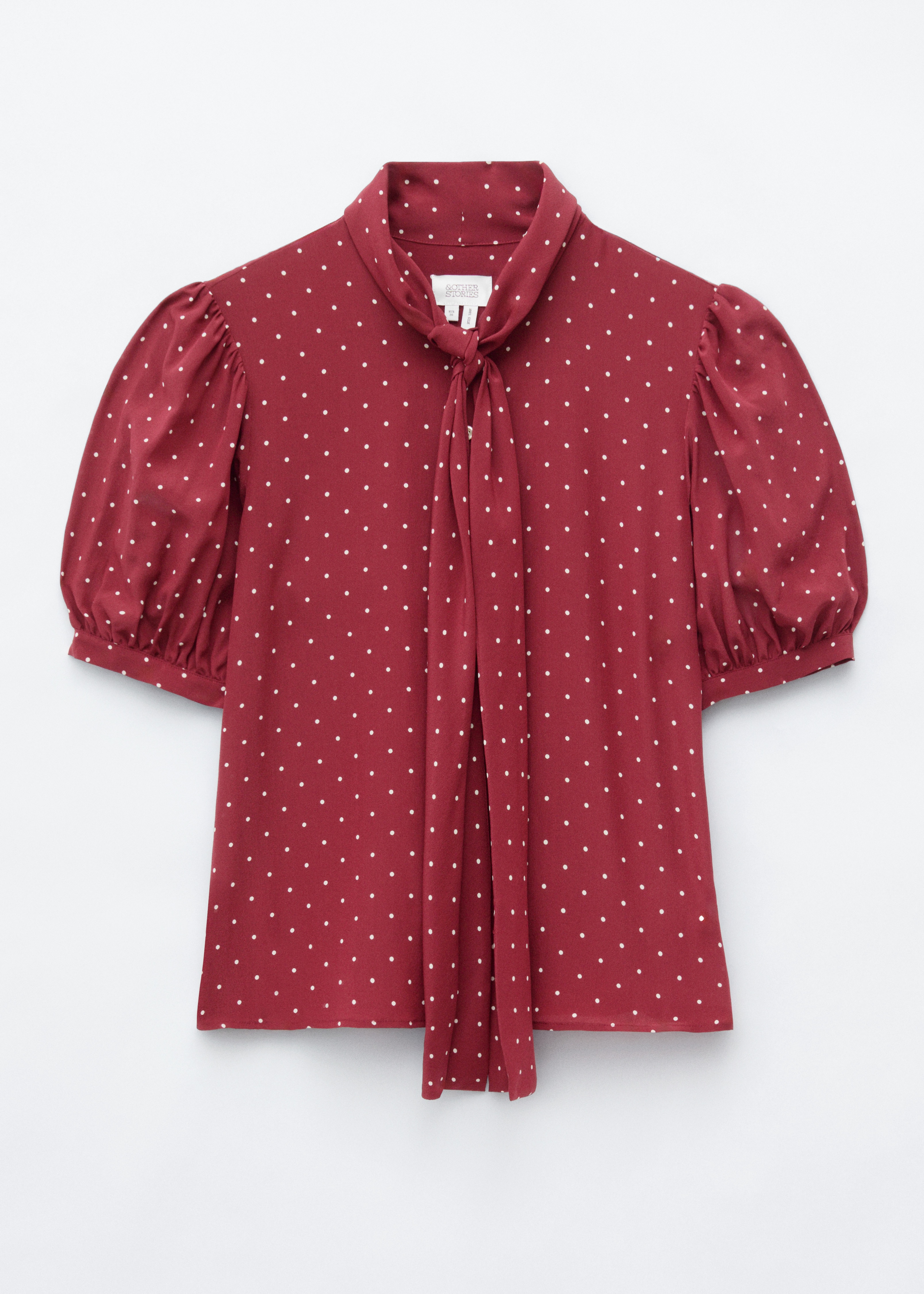 Bedruckte Seidenbluse mit Bindedetail - Rot/Weiße Punkte