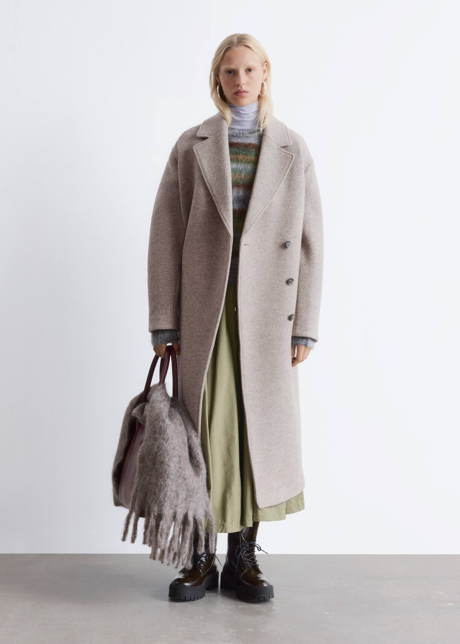 Voluminous Belted Wool Coat - Beige/Black/Navy/Dark Mole Melange