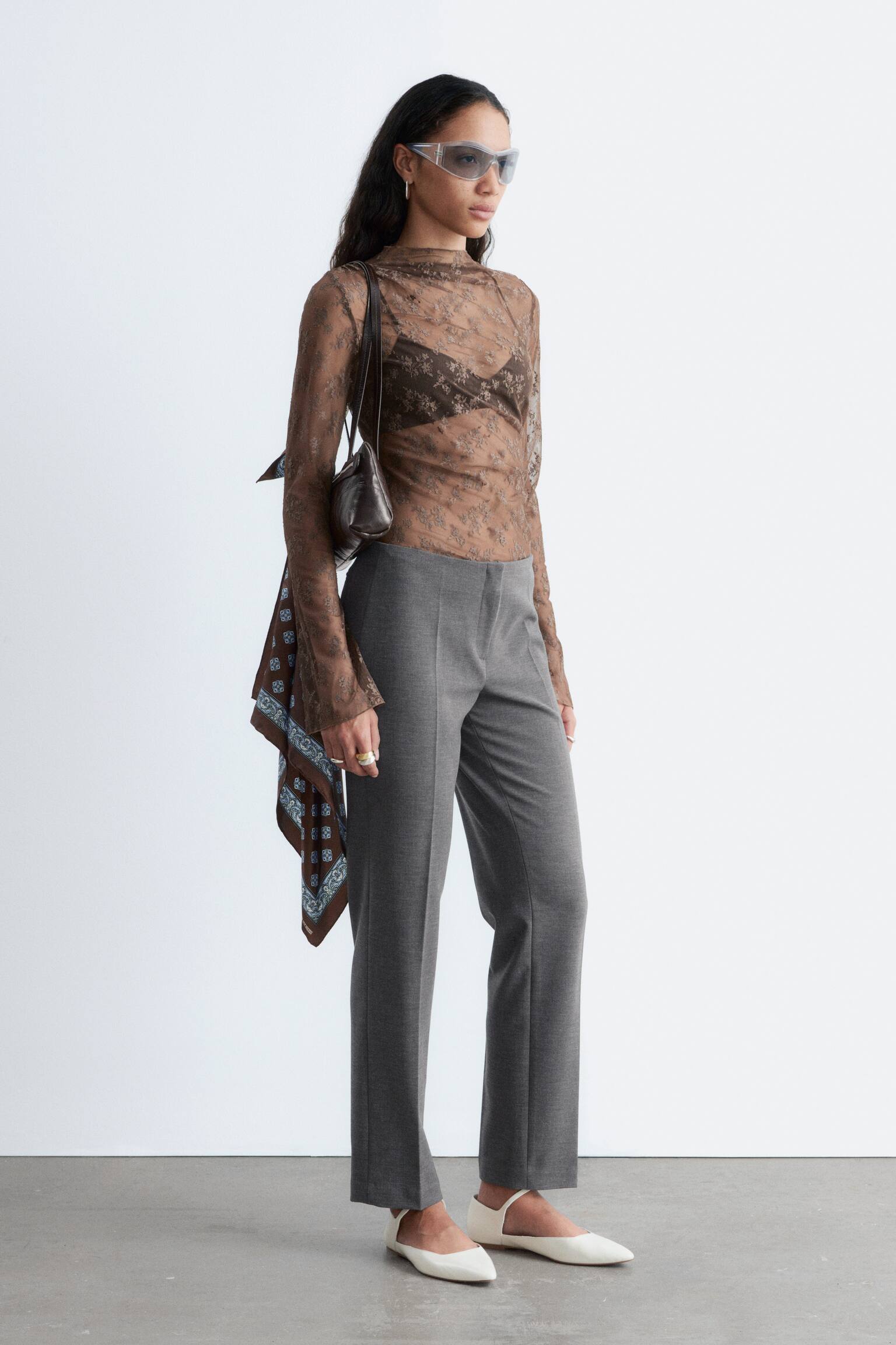 Haut en dentelle à manches longues - Dark Brown/Cream/Taupe clair - 3