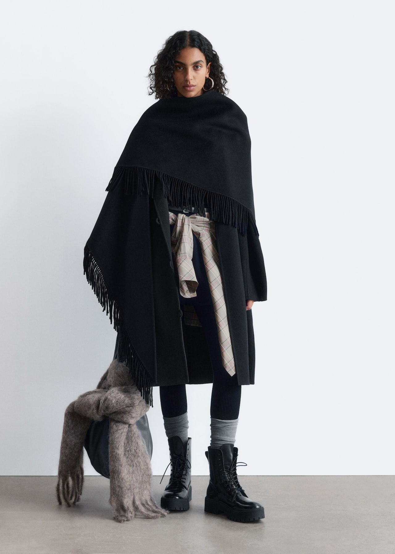 Fringed Shawl Wool Coat Black Ladies H&M GB