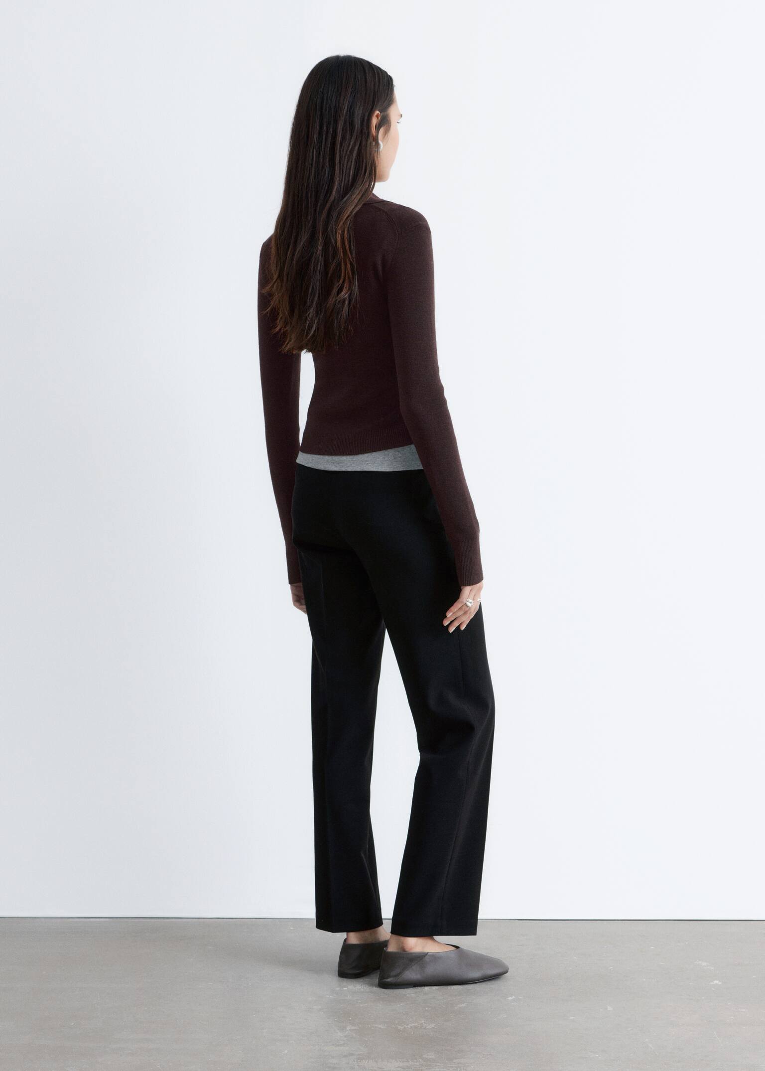 Ribgebreid poloshirt van merinowol - Donkerbruin/Perzik/Grijs gemêleerd - 7