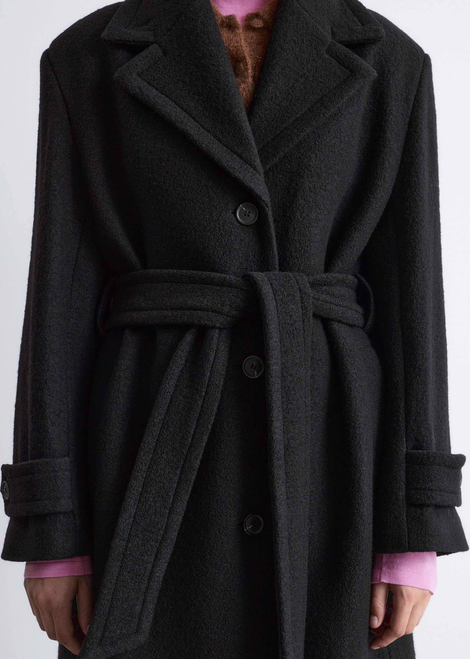 Tie-Belt Wool Coat - Black/Dark Brown - 3