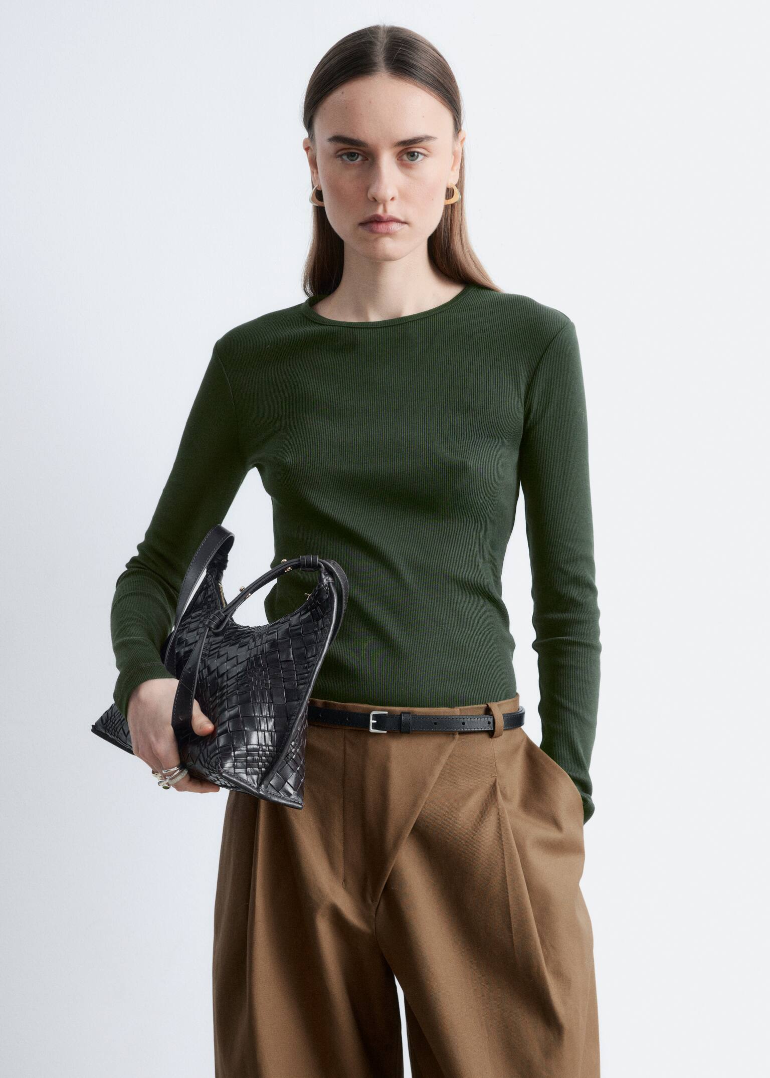 Ribbed Long-Sleeve Top - Dark Green/White/Black/Light Grey - 7