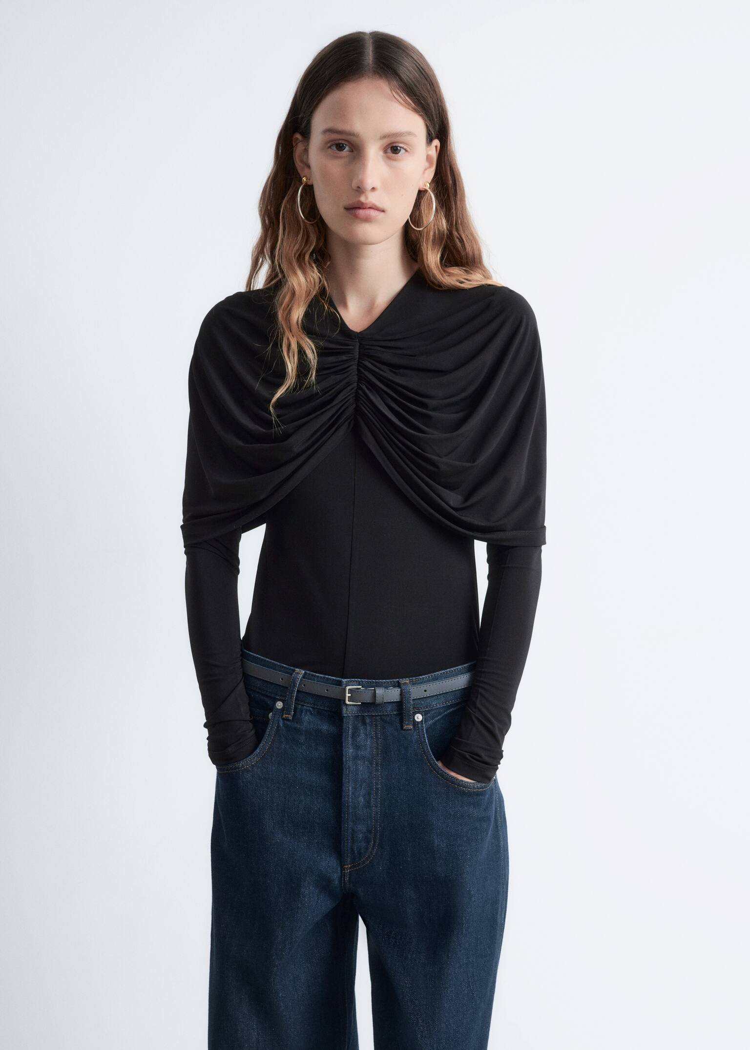Draped Cape-Detail Top - Black - 4